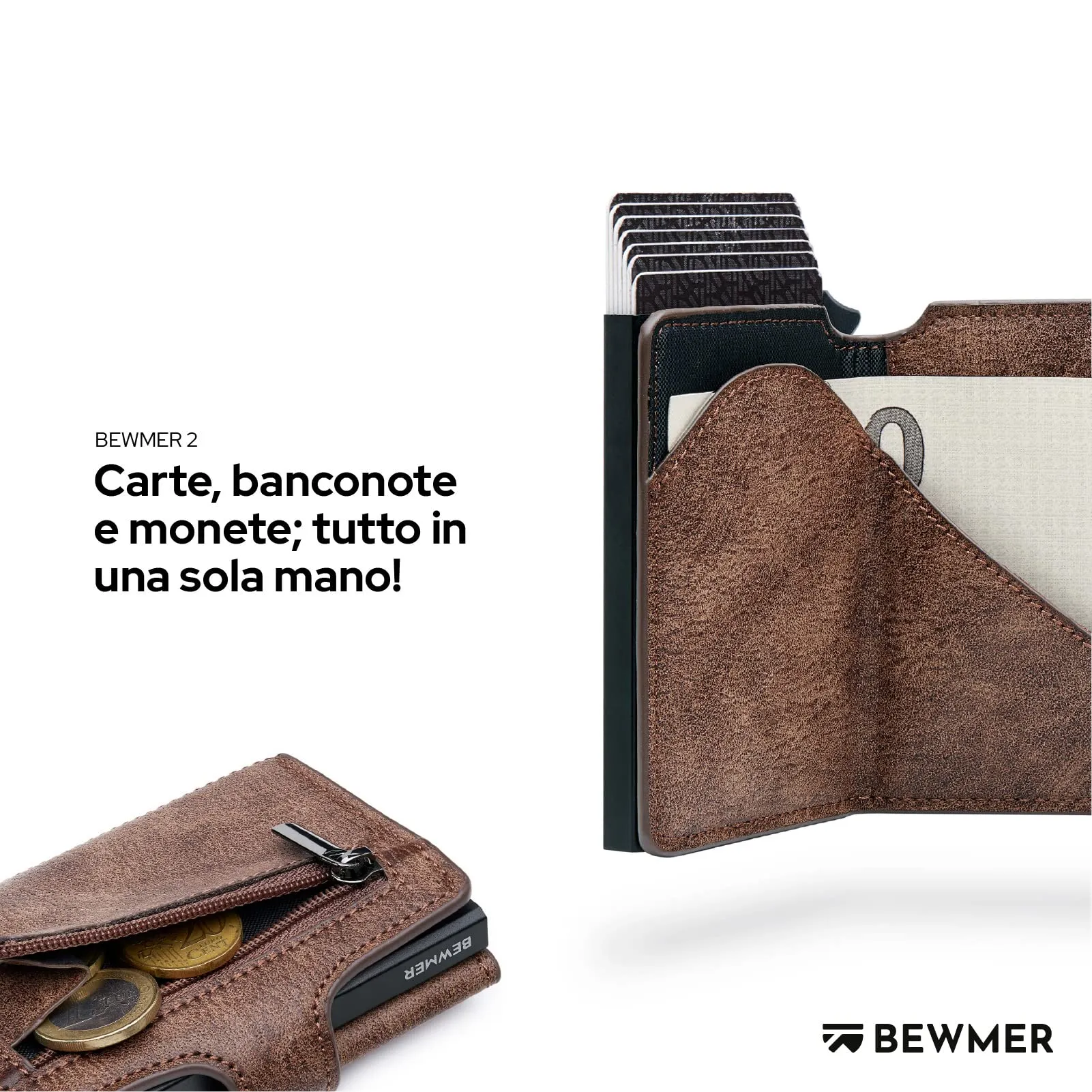 BEWMER v2 Portafoglio Uomo Slim in Similpelle con Protezione RFID, Porta Carte di Credito e Portamonete, Marrone Nero - immagine 3