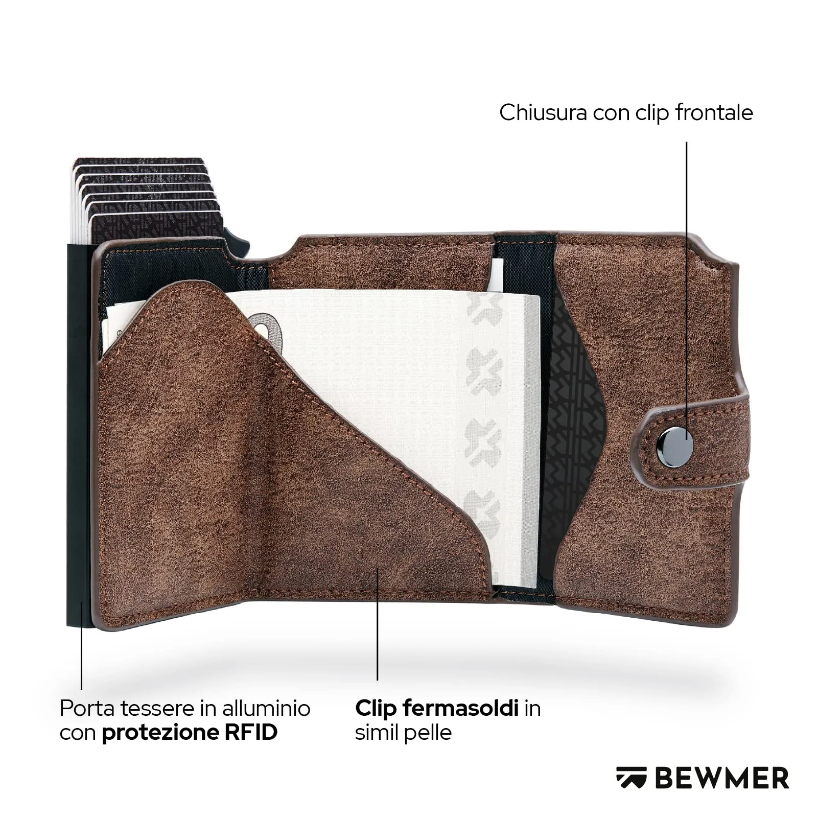 BEWMER v2 Portafoglio Uomo Slim in Similpelle con Protezione RFID, Porta Carte di Credito e Portamonete, Marrone Nero - immagine 4