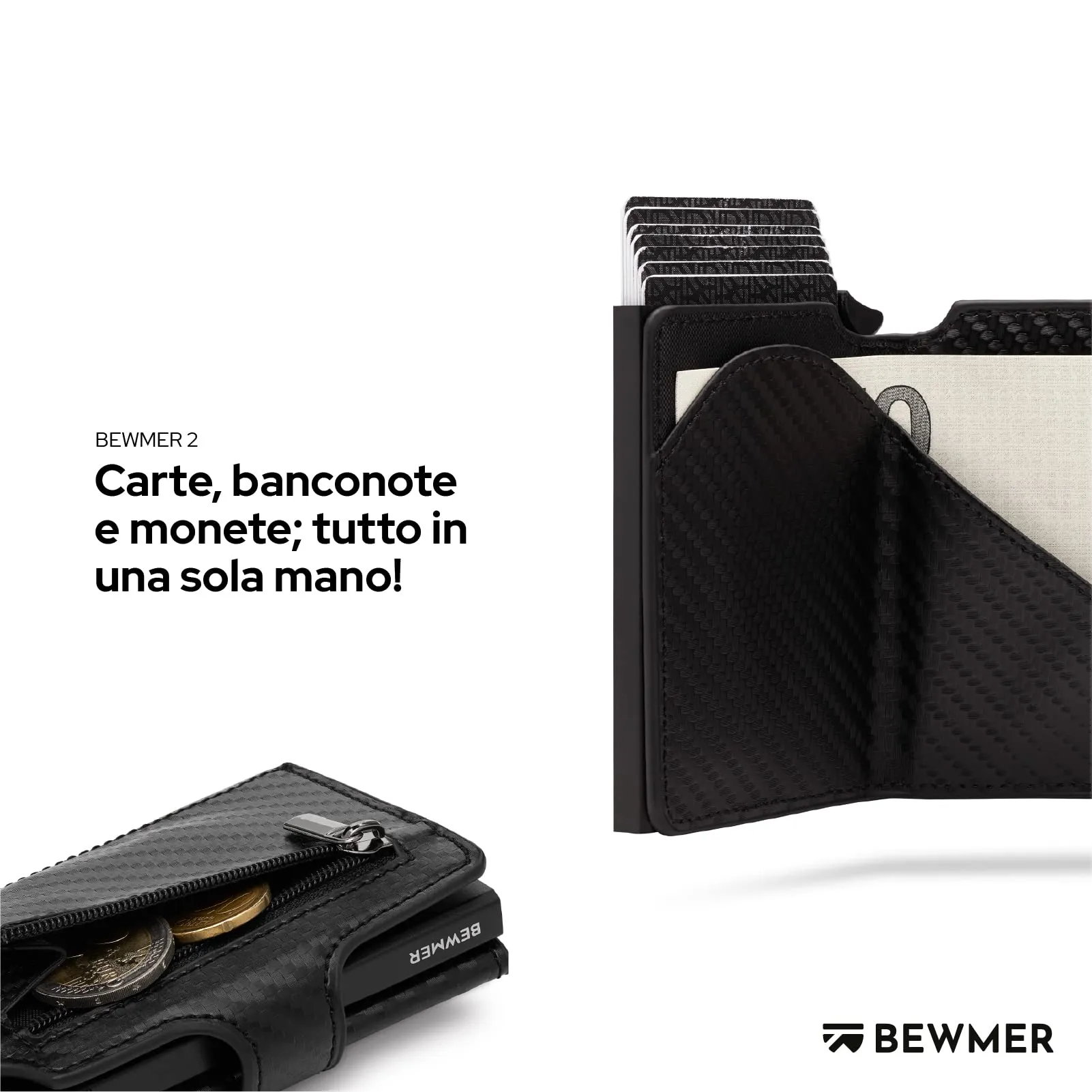BEWMER v2 Portafoglio Uomo Slim in Similpelle con Protezione RFID, Nero Carbon - immagine 3