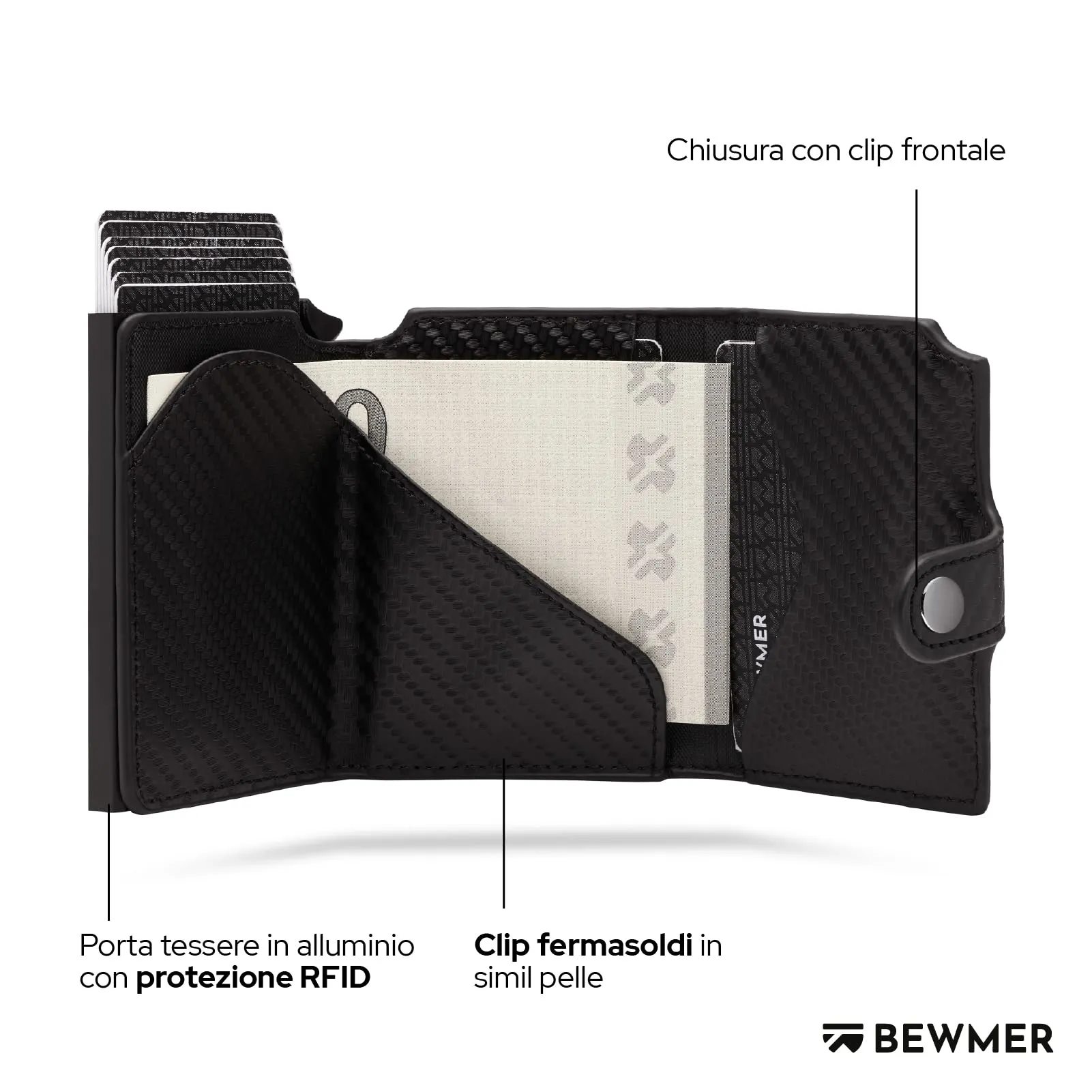 BEWMER v2 Portafoglio Uomo Slim in Similpelle con Protezione RFID, Nero Carbon - immagine 4