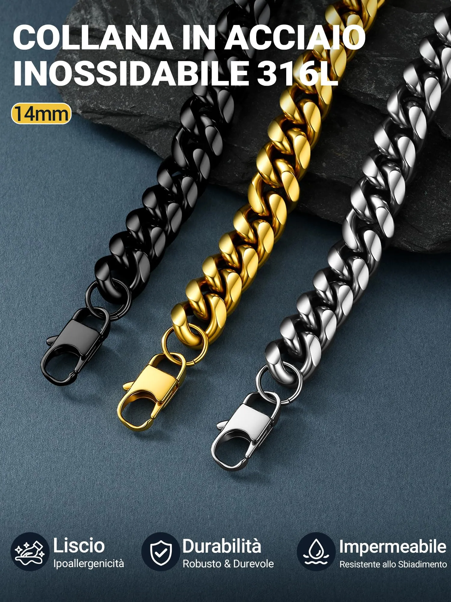 PROSTEEL Collana a Catena Cubana da Uomo, Acciaio Inossidabile, Argento, 14 mm x 55 cm - immagine 7