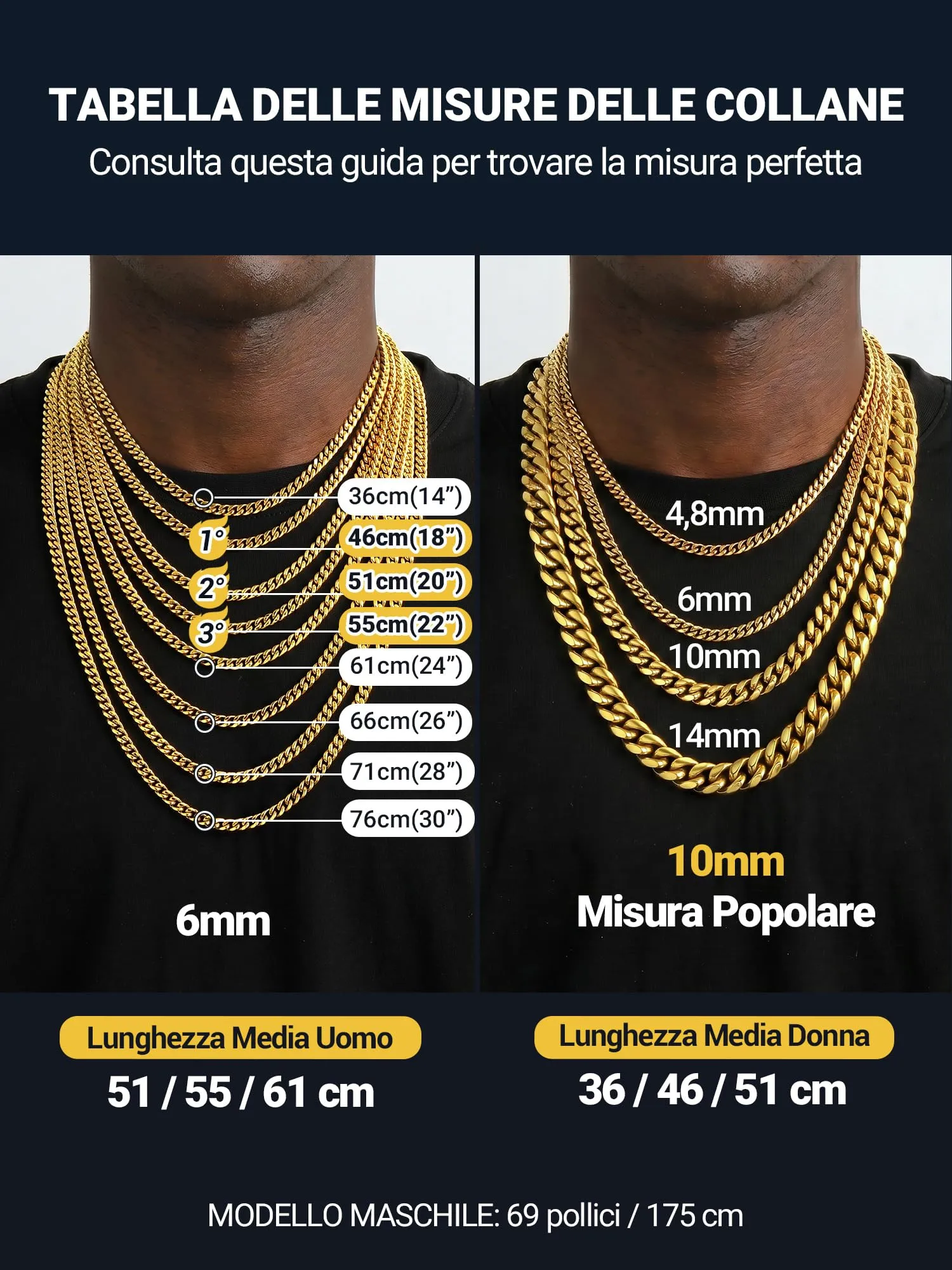 PROSTEEL Collana Uomo a Catena Cubana, 6 mm x 65 cm, Acciaio Inossidabile Placcato Oro 18K - immagine 6