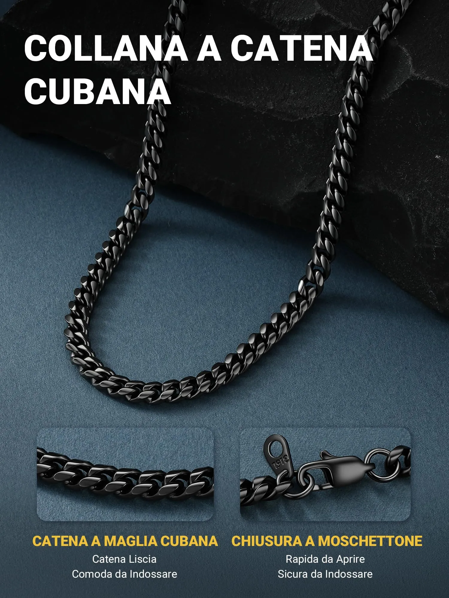PROSTEEL Collana a Catena Cubana Uomo, 6 mm x 55 cm, Acciaio Inossidabile, Nero - immagine 7