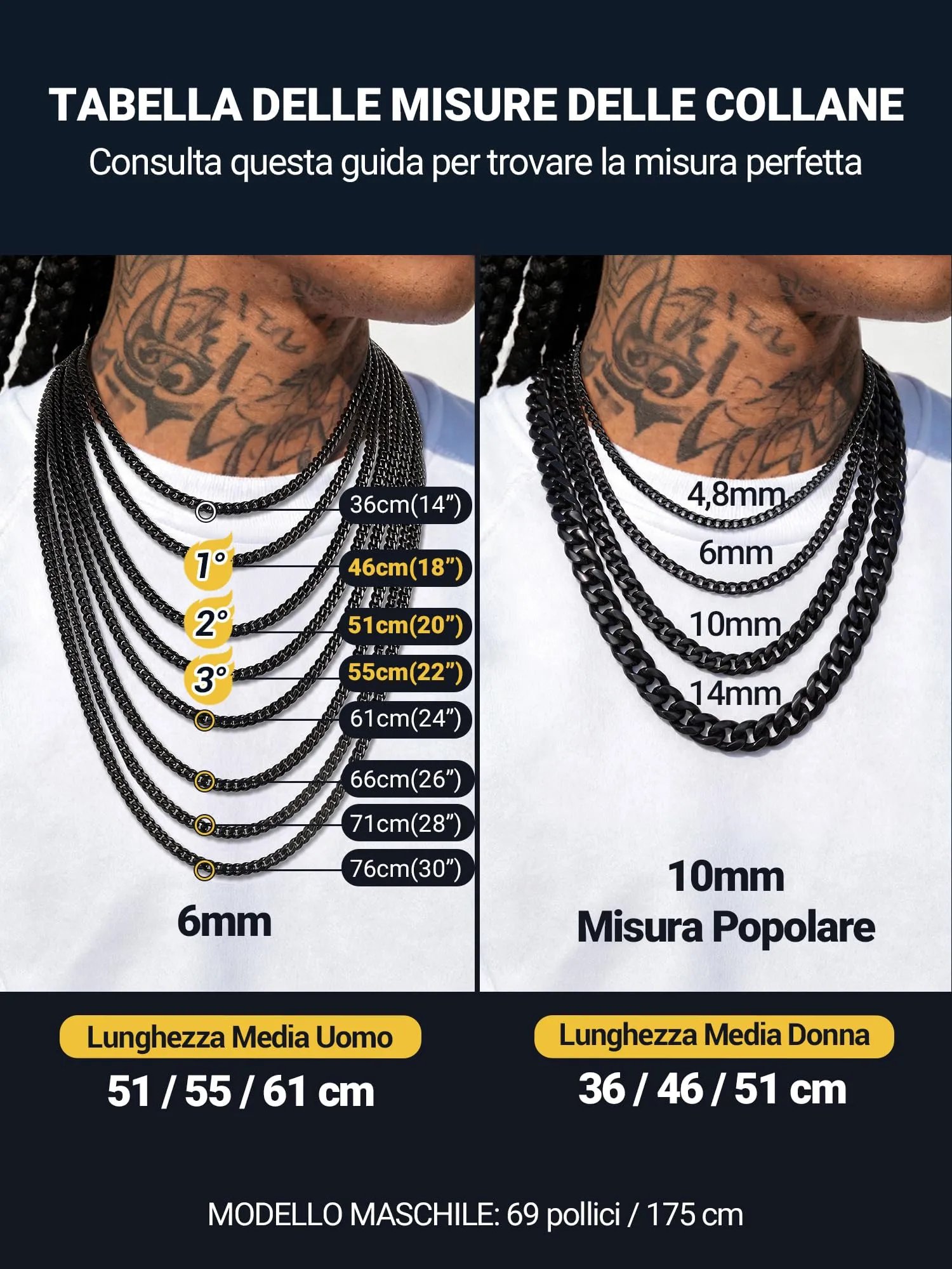 PROSTEEL Collana a Catena Cubana Uomo, 6 mm, 60 cm, Acciaio Inossidabile, Nero - immagine 3