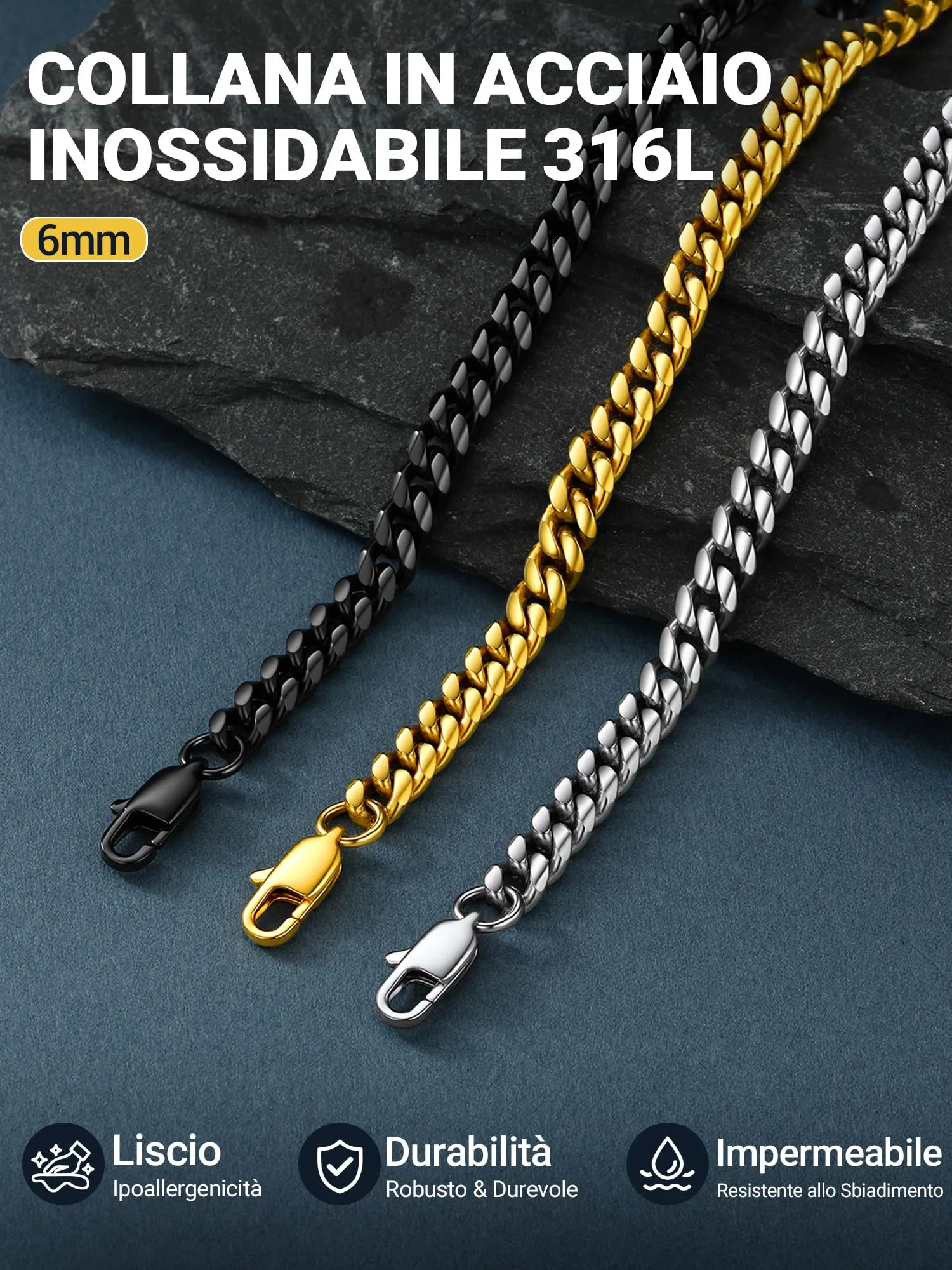 PROSTEEL Collana a Catena Cubana Uomo, 6 mm, 75 cm, Acciaio Inossidabile Placcato Oro 18K - immagine 7