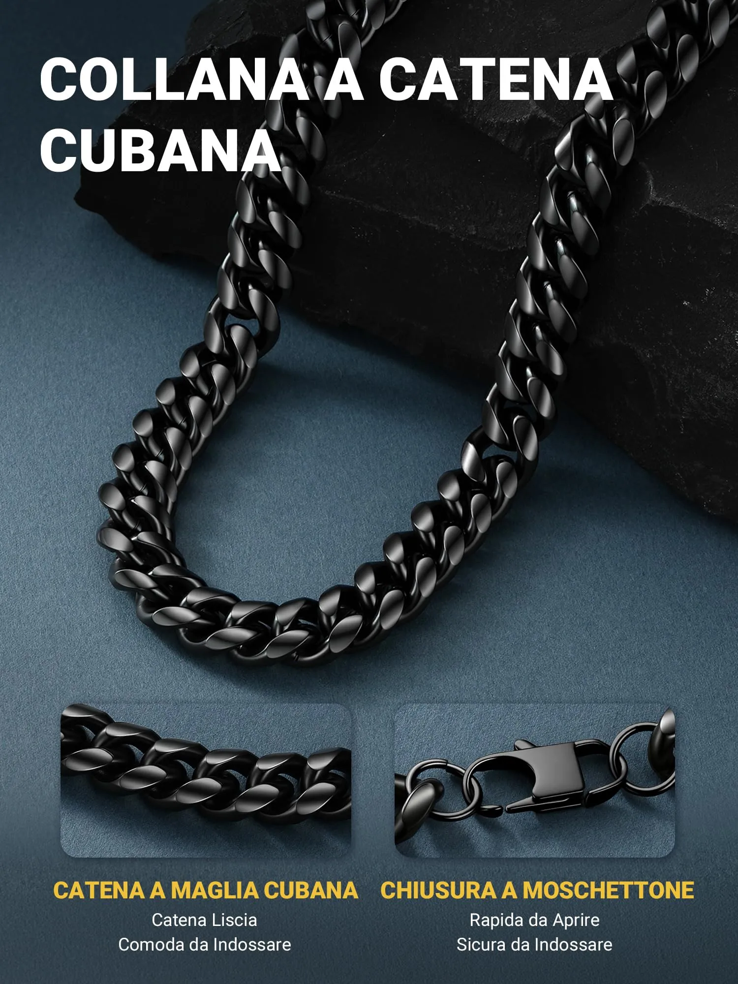 PROSTEEL Collana a Catena Cubana da Uomo, 14 mm, 70 cm, Acciaio Inossidabile, Nero - immagine 7