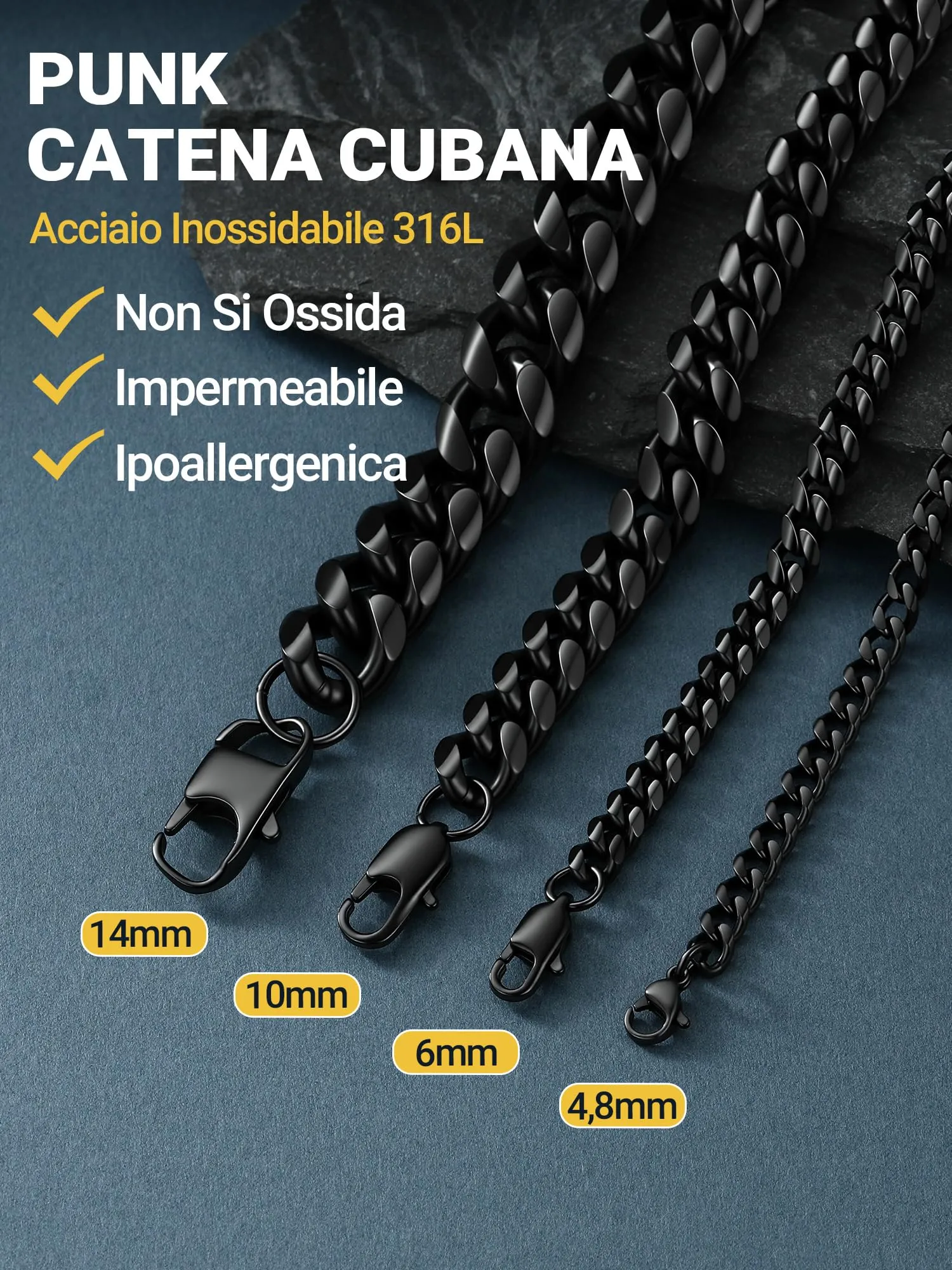 PROSTEEL Collana a Catena Cubana Uomo, Acciaio Inossidabile, 14 mm, 75 cm, Nero - immagine 5