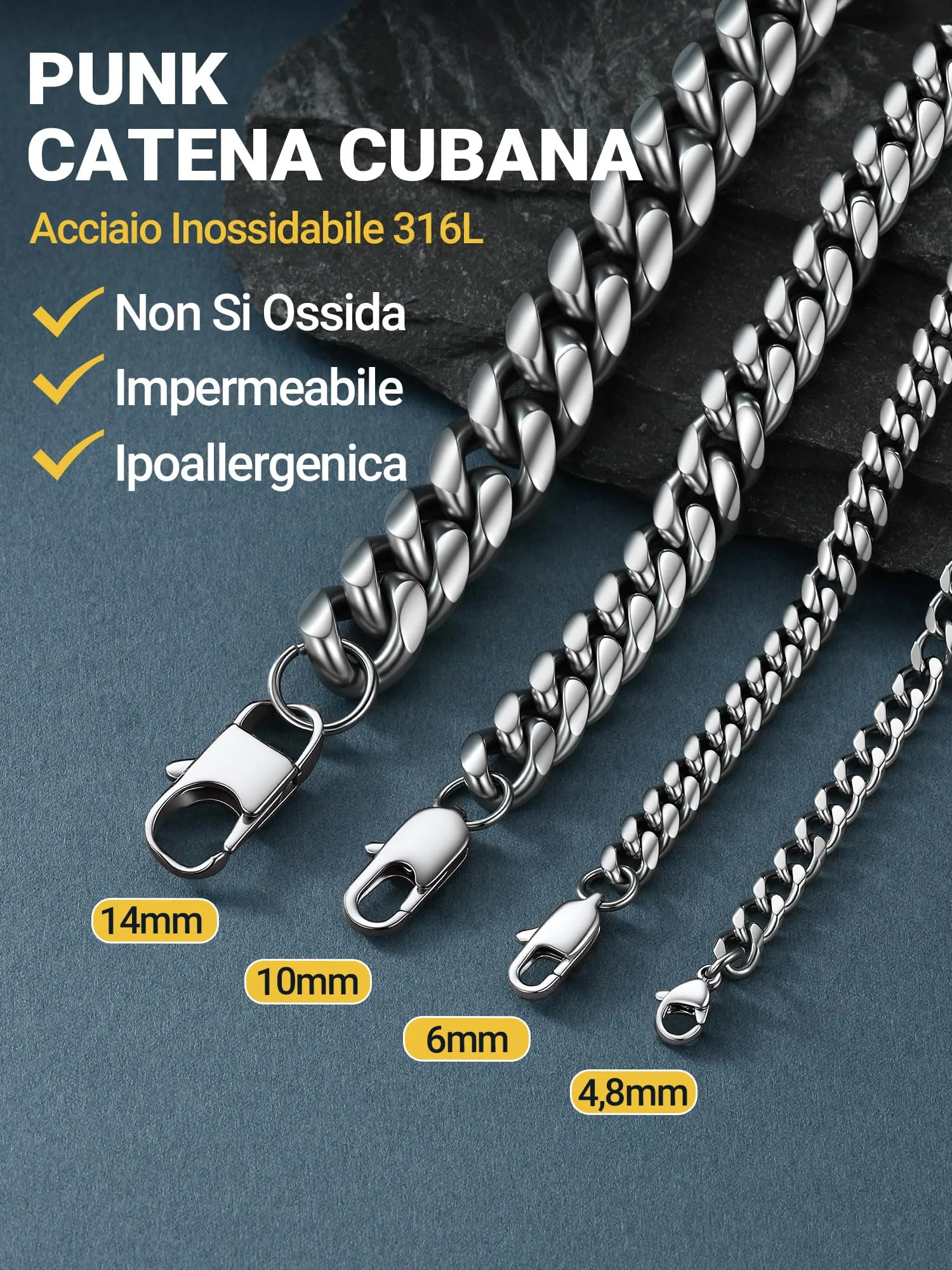 PROSTEEL Collana a Catena Cubana da Uomo, Acciaio Inossidabile, 6 mm, 50 cm, Argento - immagine 7