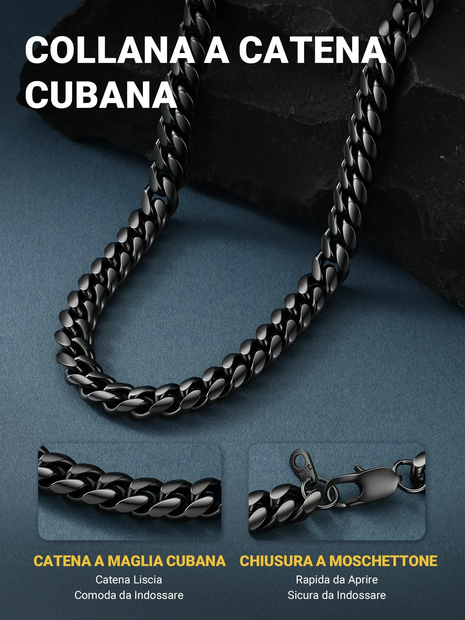 PROSTEEL Collana a Catena Cubana Uomo, Acciaio Inossidabile, Nero, 10 mm x 70 cm - immagine 3