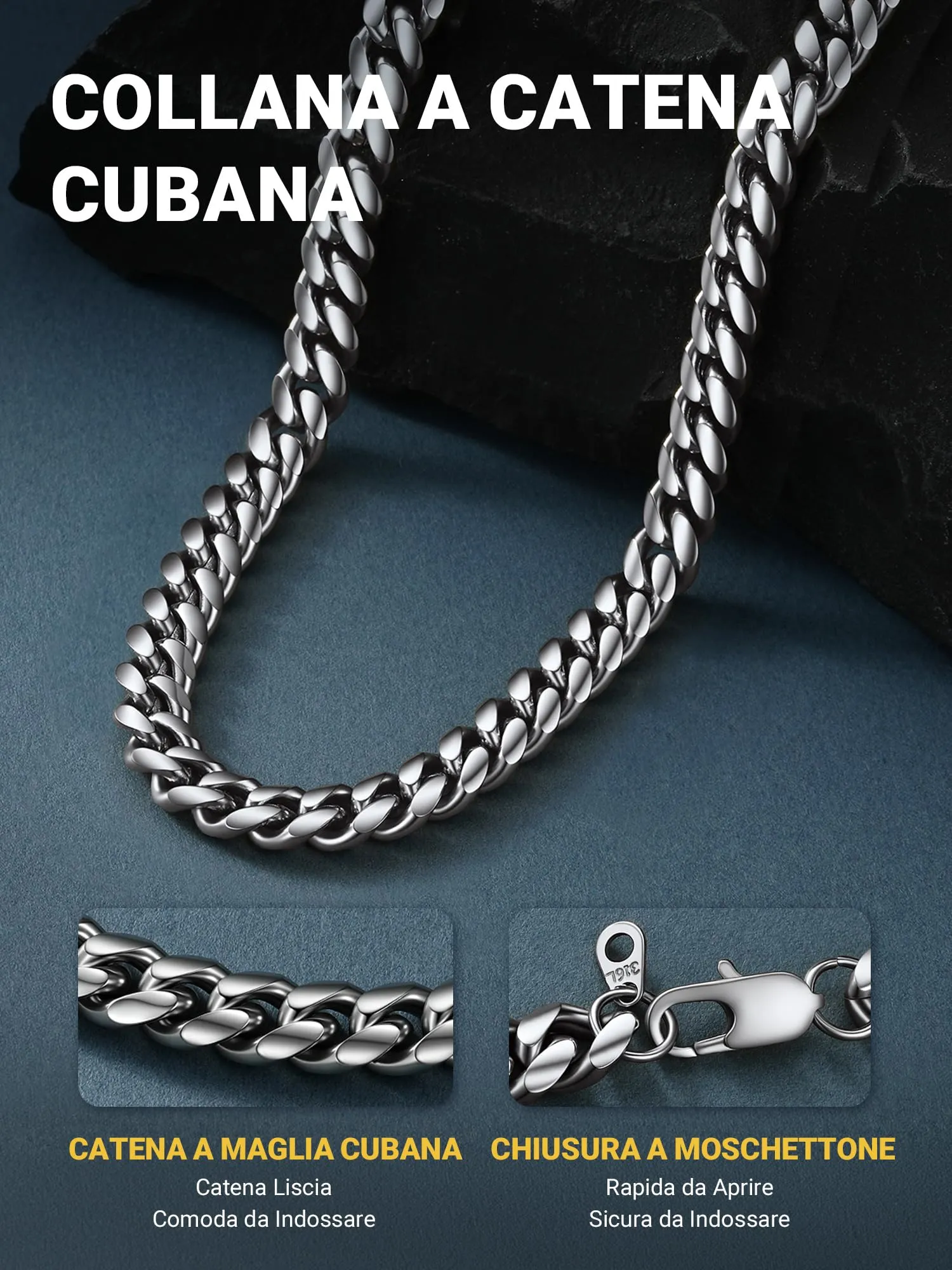 PROSTEEL Collana a Catena Cubana da Uomo, Acciaio Inossidabile, 10 mm x 70 cm, Argento - immagine 3