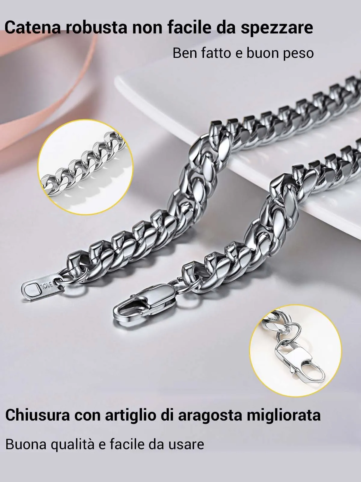 PROSTEEL Collana a Catena Cubana in Acciaio Inossidabile, 6 mm, 60 cm, Argento - immagine 9