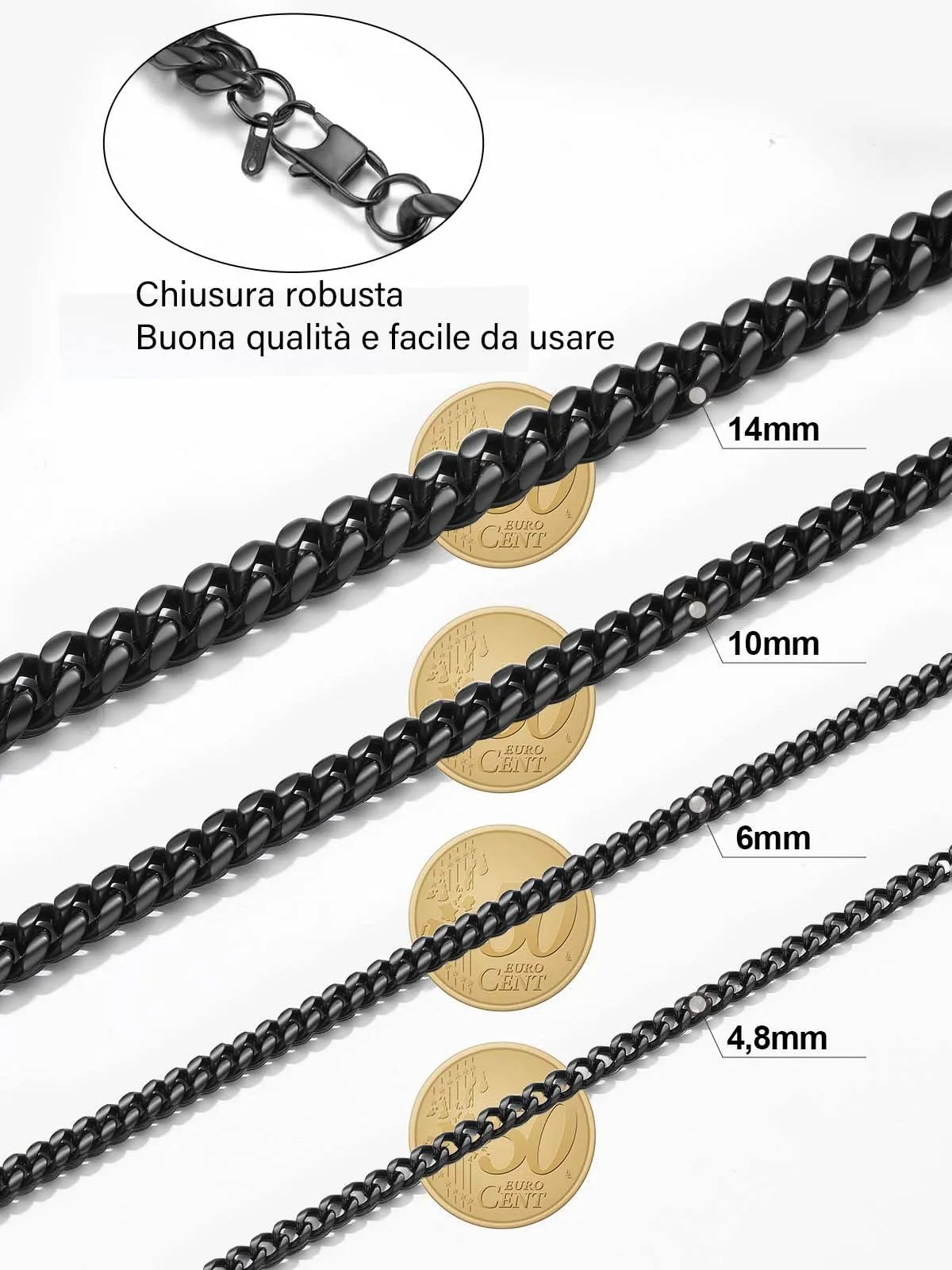PROSTEEL Collana a Catena Cubana Uomo, 6 mm x 50 cm, Acciaio Inossidabile, Nero - immagine 9