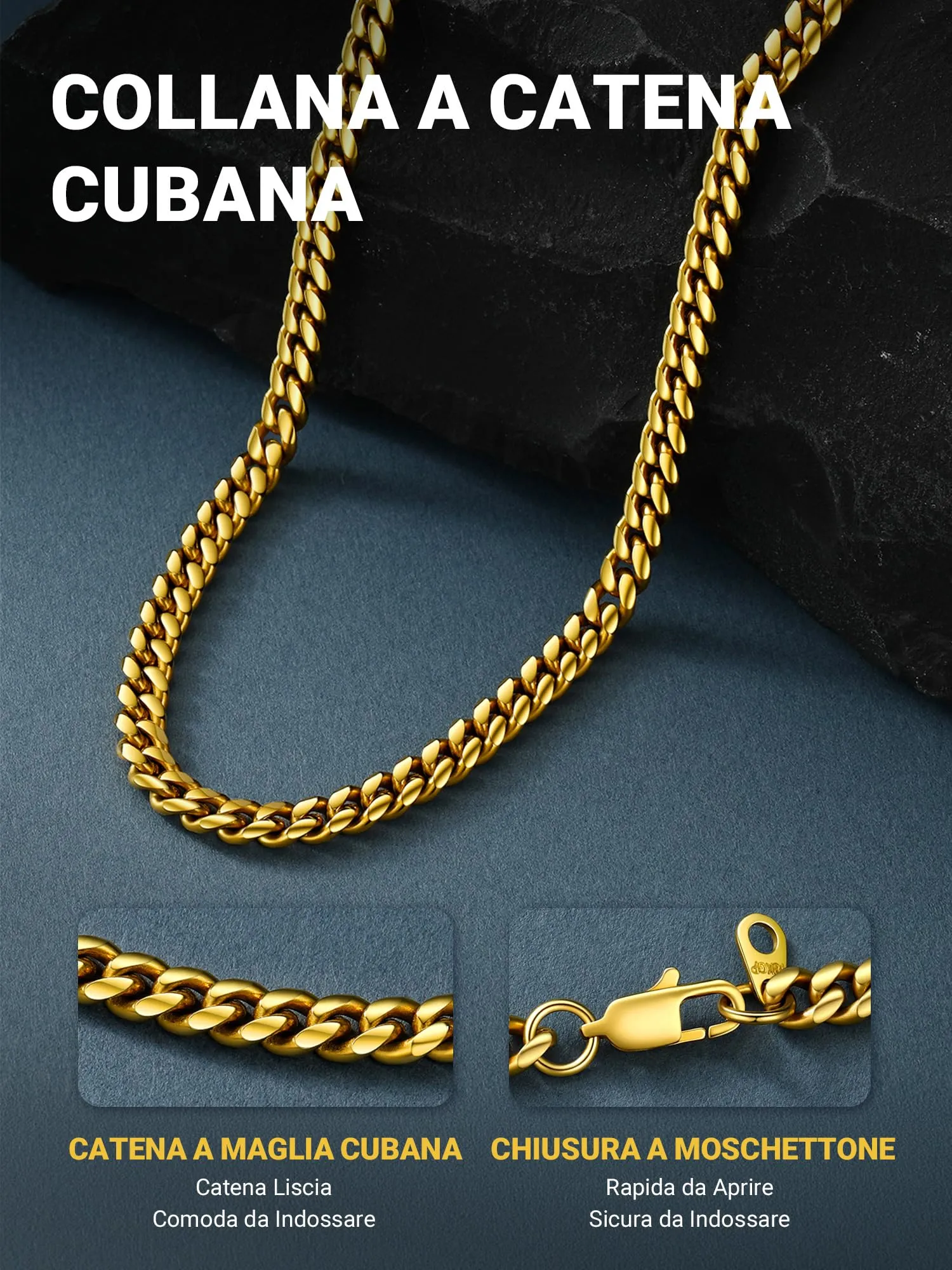 PROSTEEL Collana a Catena Cubana Uomo, 6 mm, 60 cm, Acciaio Inossidabile Placcato Oro 18K - immagine 3