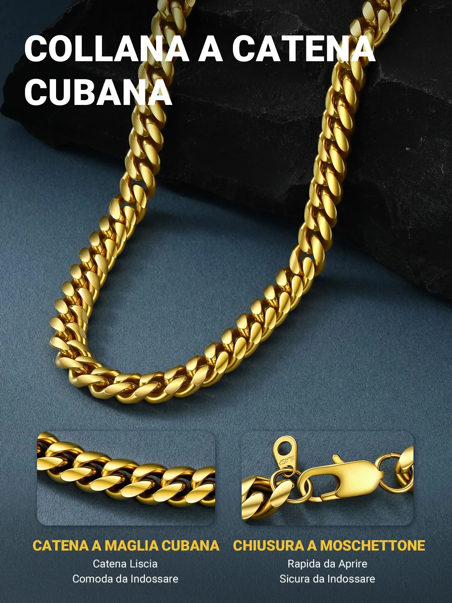 PROSTEEL Collana Uomo a Catena Barbazzale Cubana, 10 mm, 50 cm, Acciaio Inossidabile Placcato Oro 18K - immagine 6