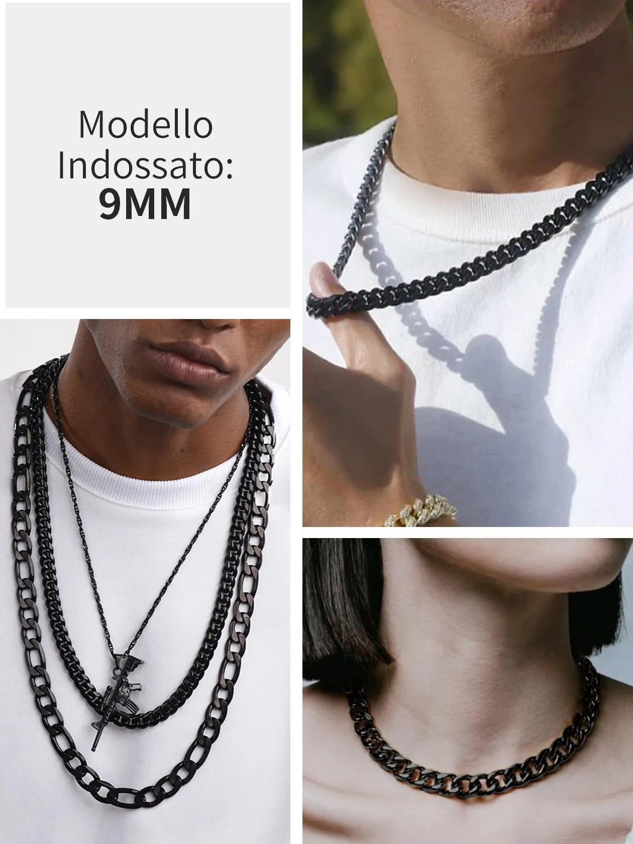 ChainsHouse Collana a maglia cubana in acciaio inossidabile 316L, 9 mm, Nero - immagine 6