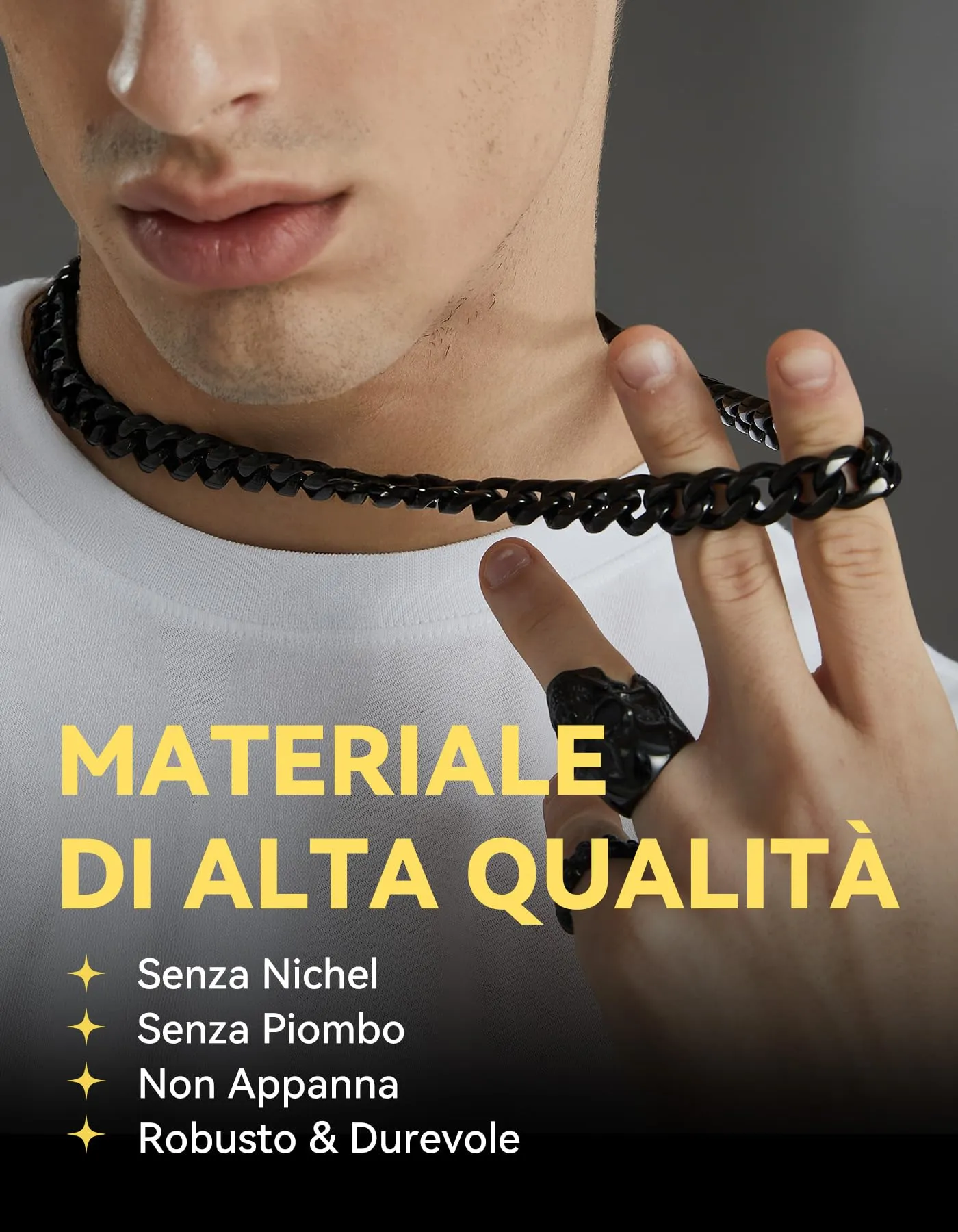 ChainsHouse Collana Cubana in Acciaio Inossidabile, 12mm, 46cm, Nero - immagine 3