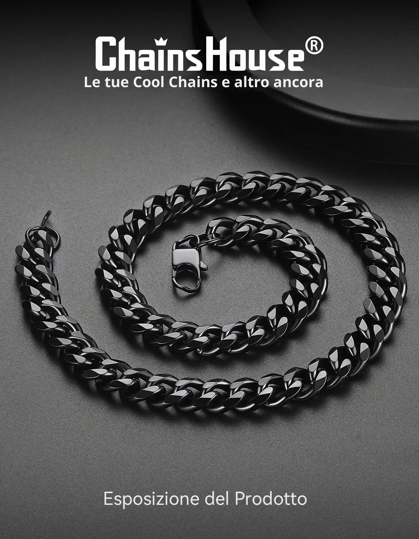 ChainsHouse Collana Cubana in Acciaio Inossidabile, 12mm, 46cm, Nero - immagine 4