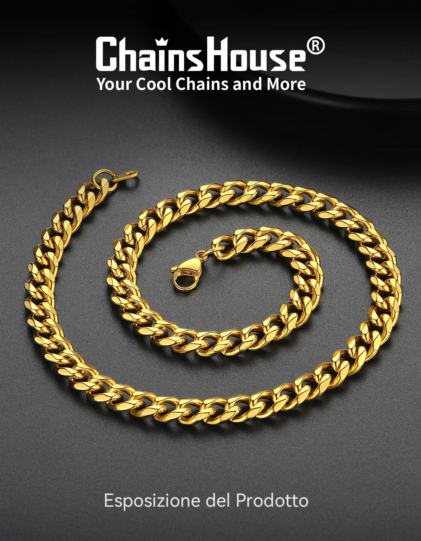 ChainsHouse Collana a Maglia Cubana Miami Curb in Acciaio Inossidabile Oro, 9 mm, 26 pollici - immagine 4