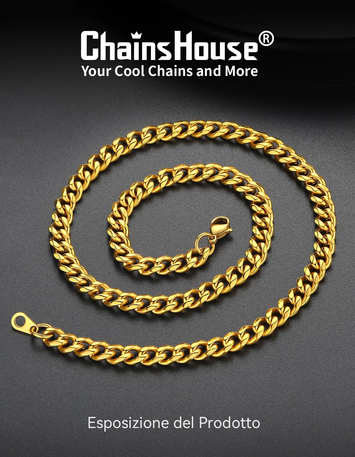 ChainsHouse Collana a maglia cubana in acciaio inossidabile, Oro, 6mm, 30 pollici - immagine 4