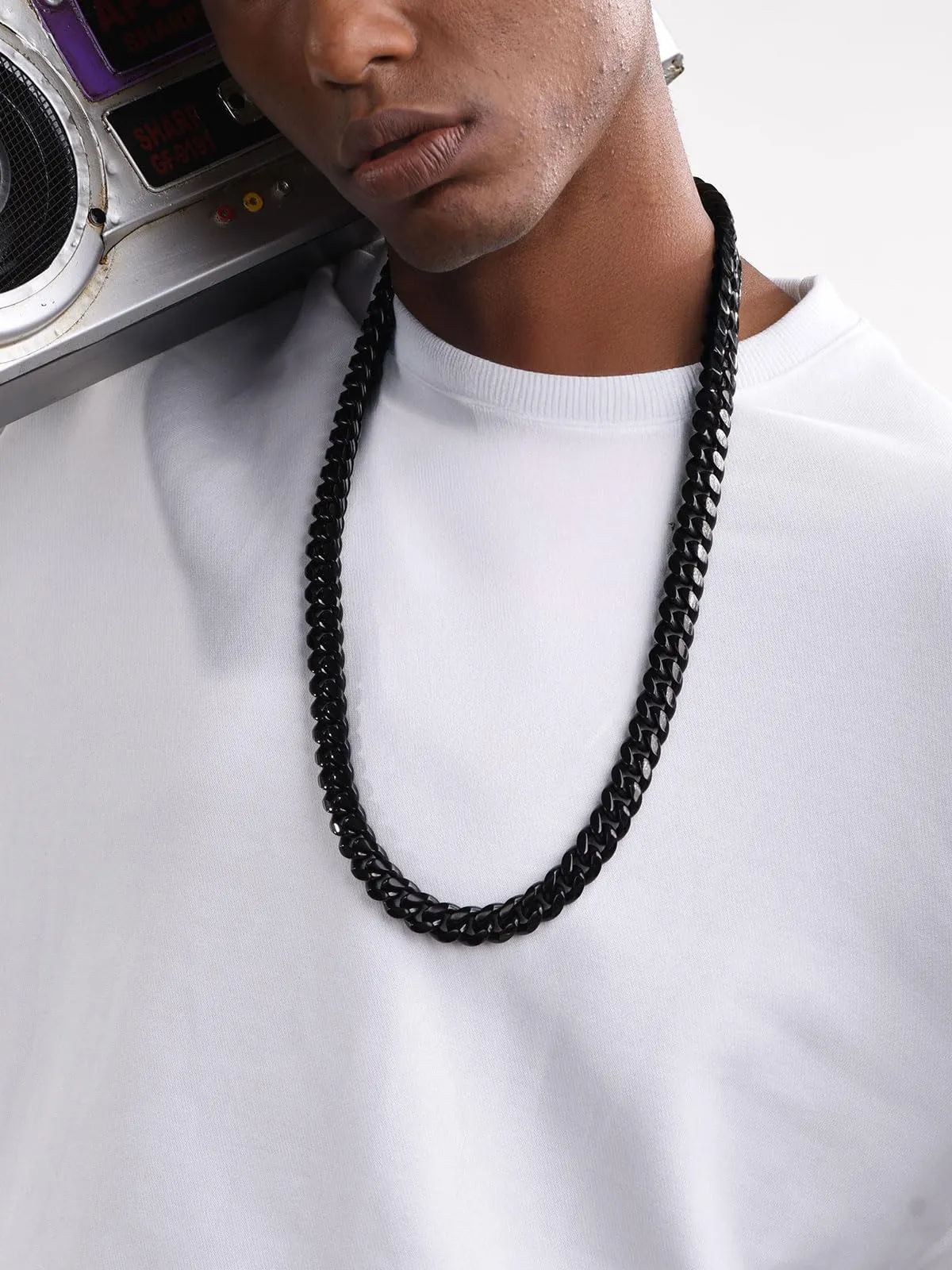 ChainsHouse Collana a Maglia Cubana in Acciaio Inossidabile per Uomo e Ragazzo, Nero, 12 mm - immagine 2