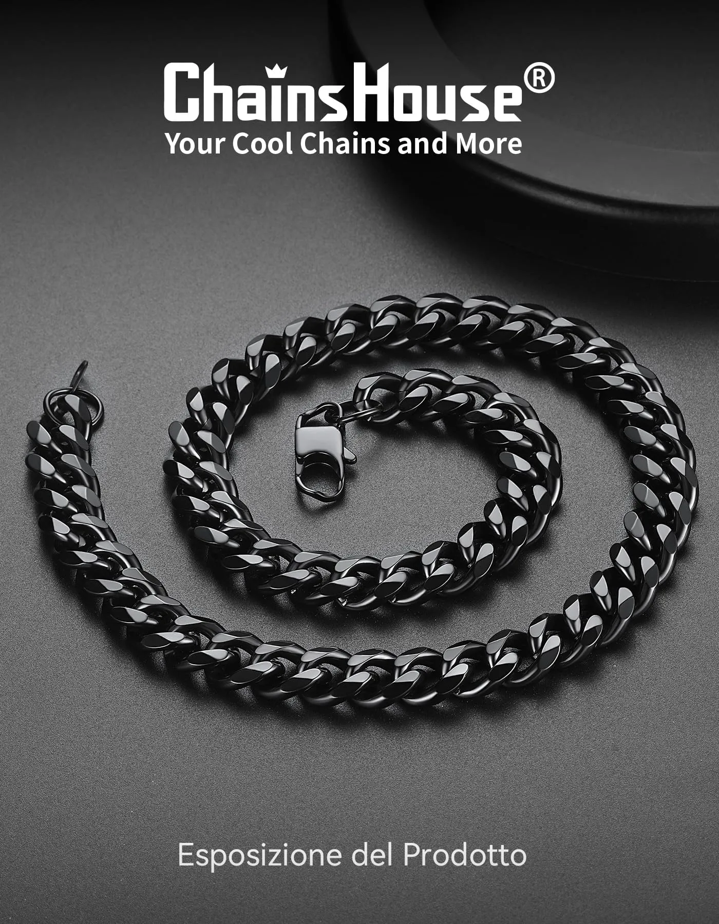 ChainsHouse Collana a Maglia Cubana in Acciaio Inossidabile per Uomo e Ragazzo, Nero, 12 mm - immagine 4