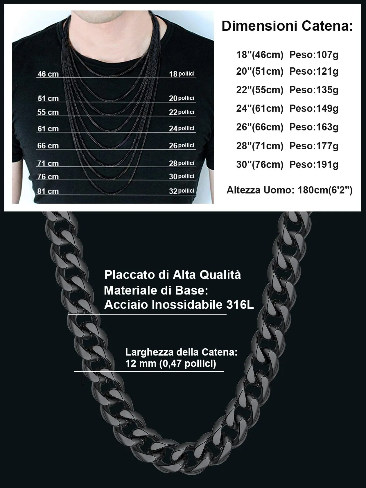 ChainsHouse Collana a Maglia Cubana in Acciaio Inossidabile per Uomo e Ragazzo, Nero, 12 mm - immagine 7