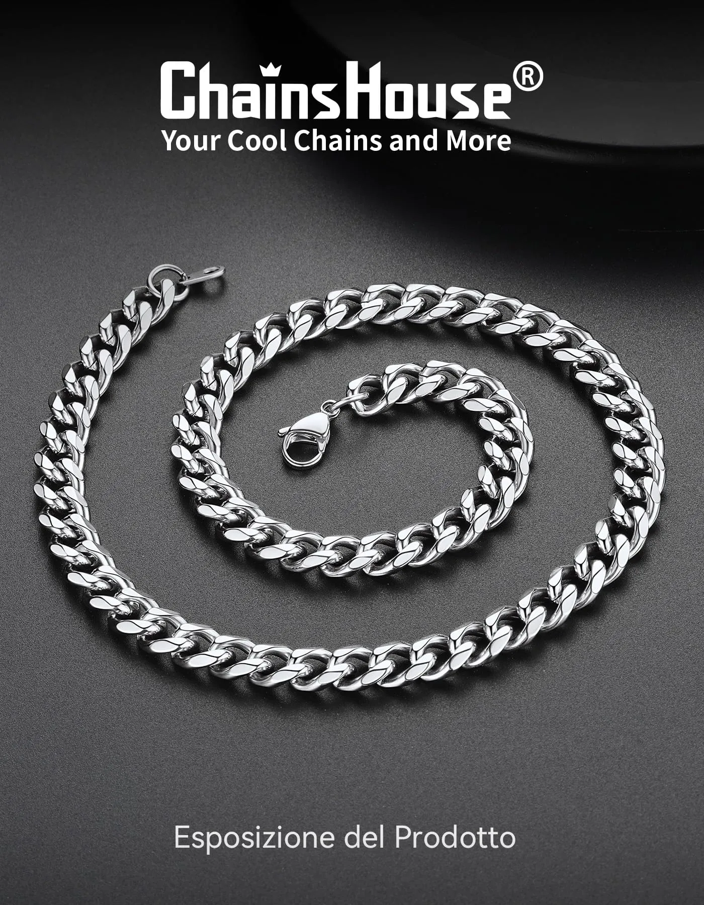 ChainsHouse Collana Uomo Cuban Link in Acciaio Inox 316L, Argento, 18 Pollici, 9 mm - immagine 4