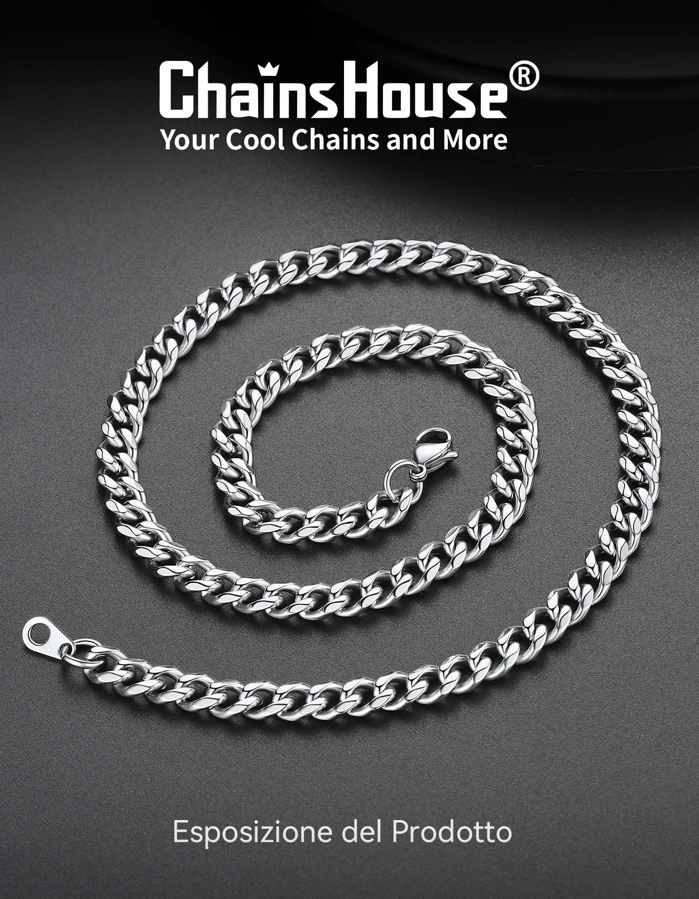 ChainsHouse Collana cubana uomo in acciaio inossidabile 6mm, 35cm - immagine 4