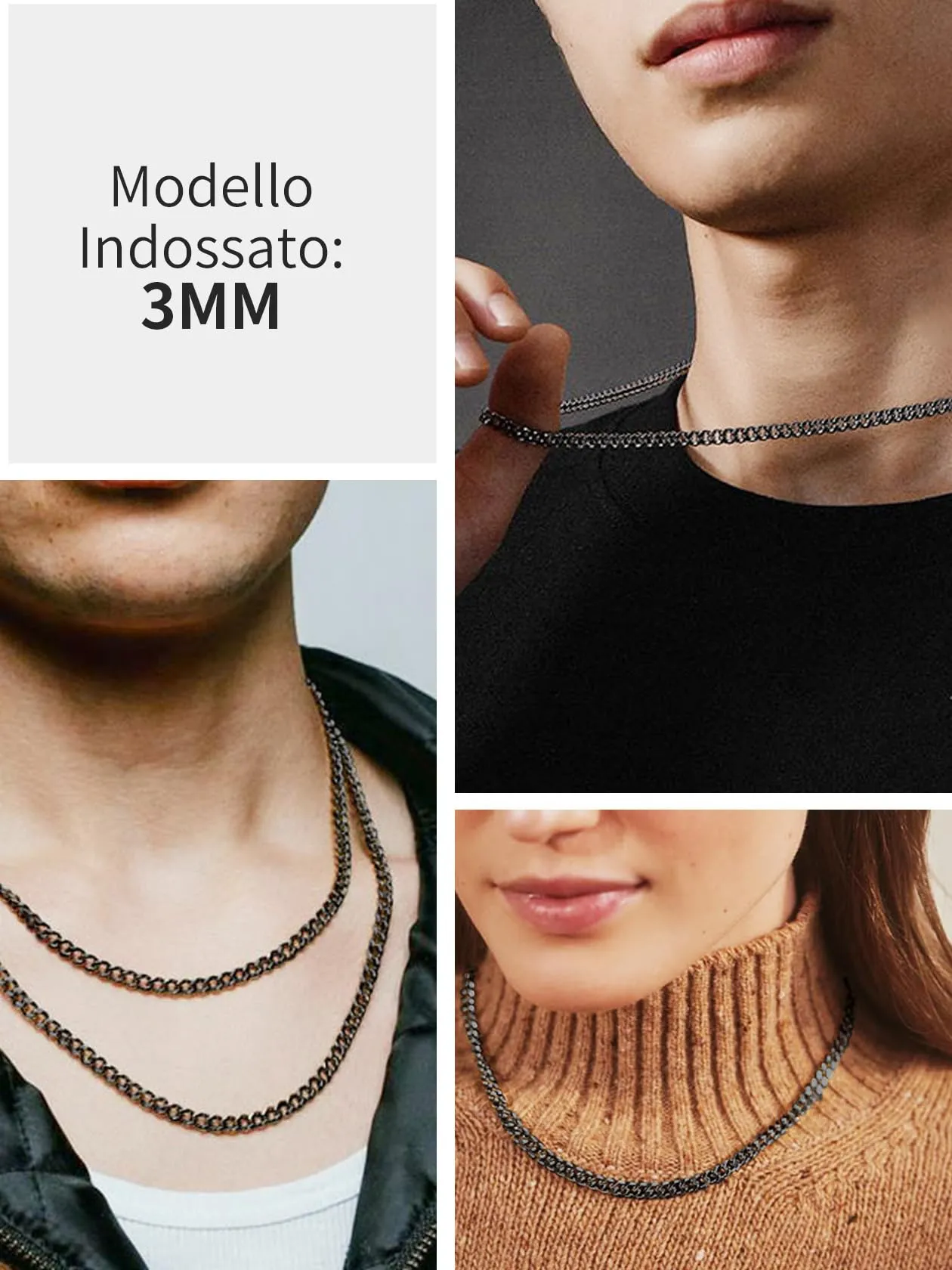 ChainsHouse Collana a Maglia Cubana in Acciaio Inossidabile per Uomo, Nero, 3mm, 14 Pollici - immagine 6