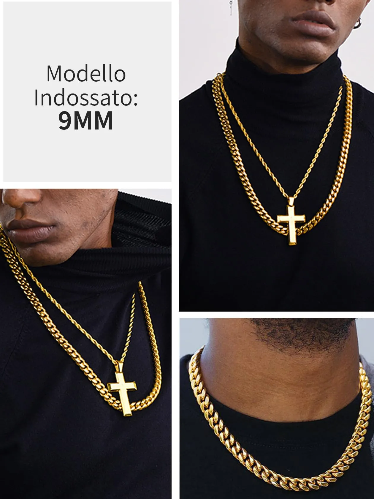 ChainsHouse Collana a Maglia Cubana Miami Curb in Acciaio Inossidabile Oro, 9 mm, 30 pollici - immagine 6