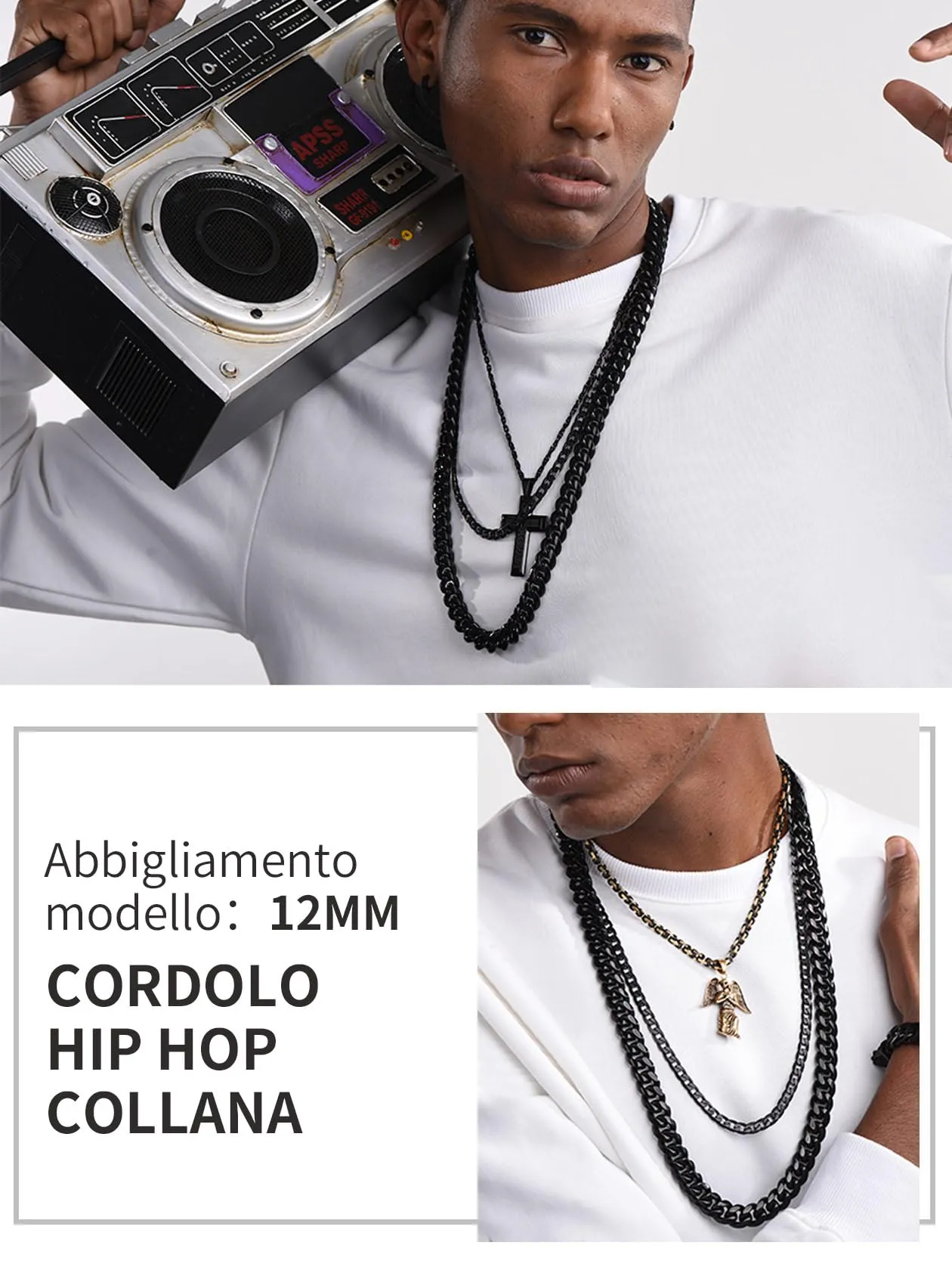 ChainsHouse Collana a maglia cubana Miami Chunky, 12mm, Nero, 55cm - immagine 8