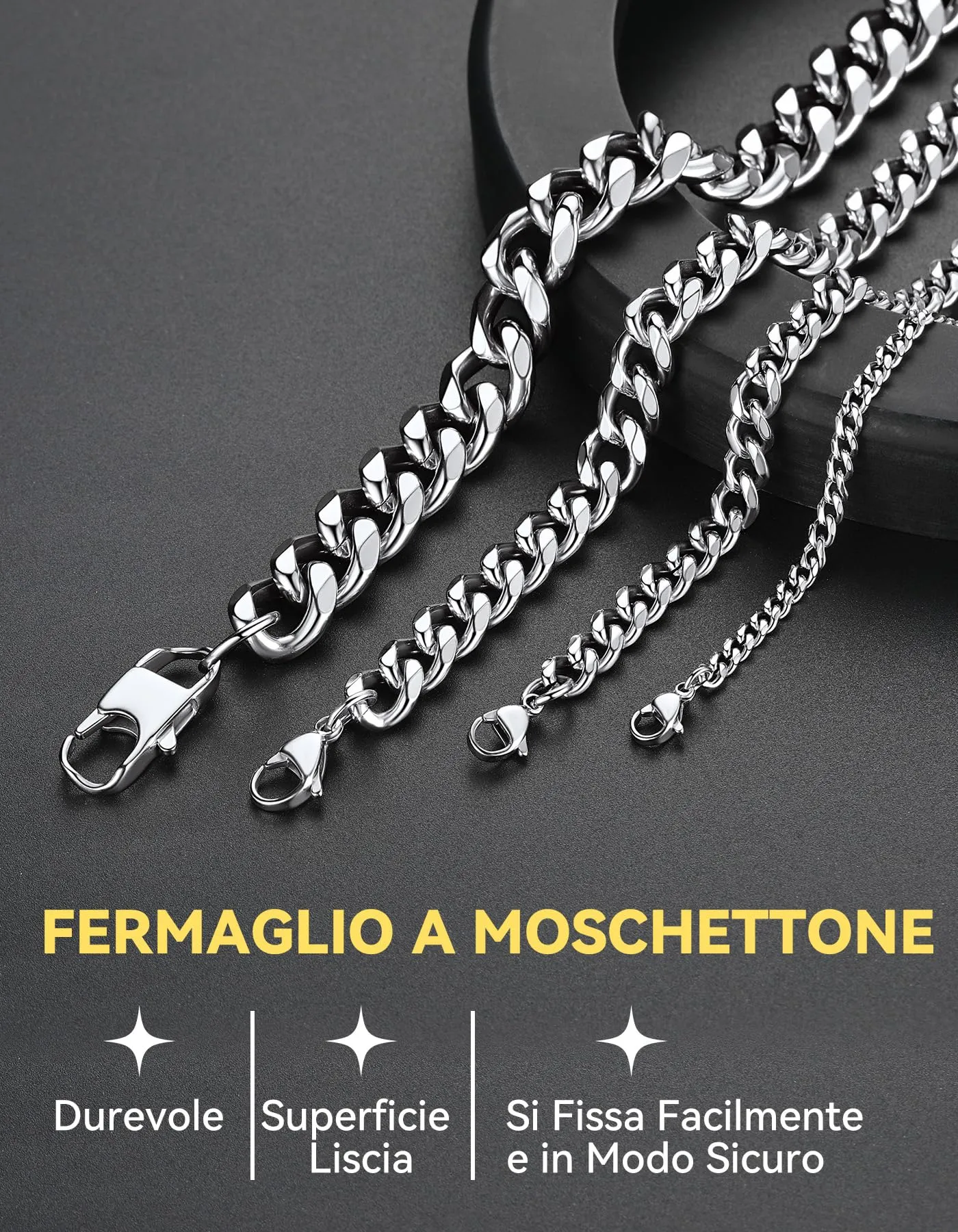 ChainsHouse Collana a catena a maglie cubane in acciaio inossidabile 3mm x 76cm, Argento - immagine 6