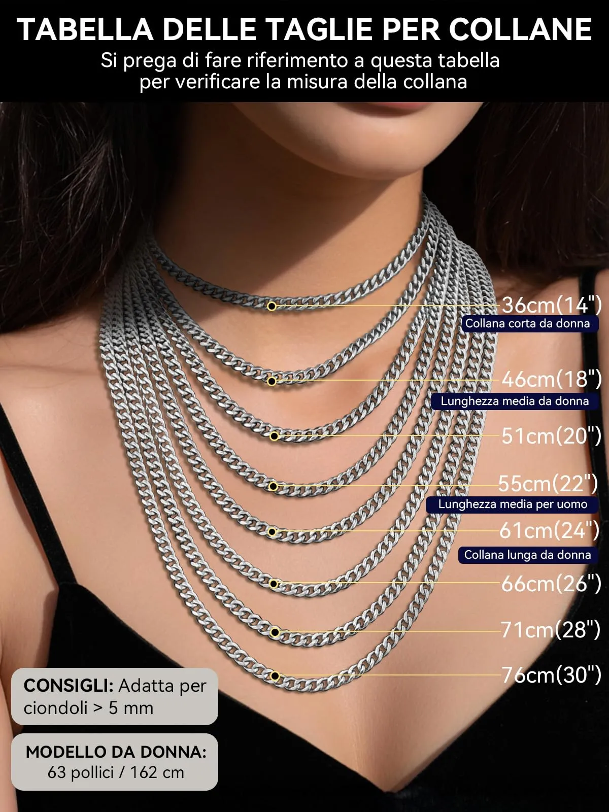 ChainsHouse Collana a catena a maglie cubane in acciaio inossidabile 3mm x 76cm, Argento - immagine 7