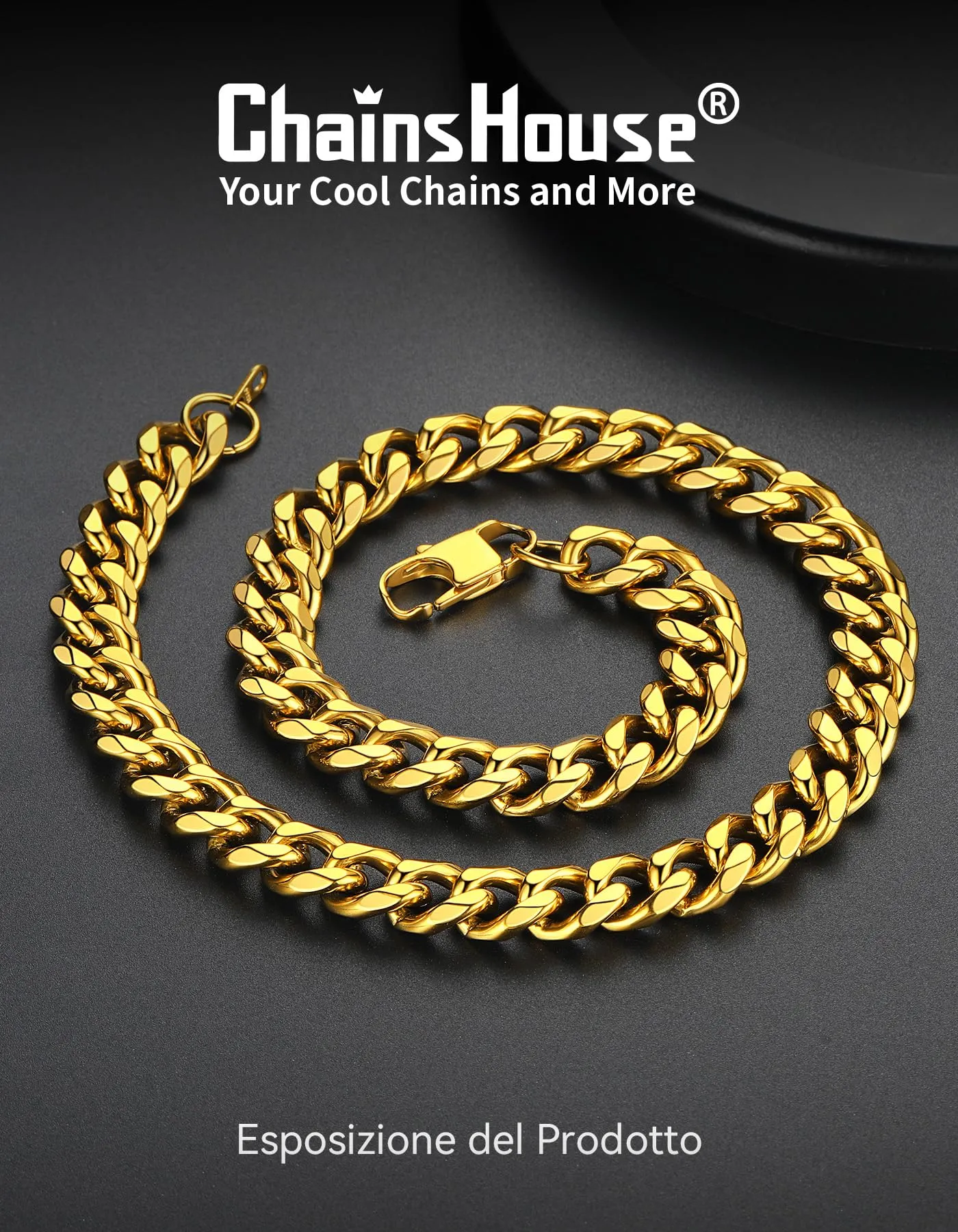 ChainsHouse Collana a maglia cubana da uomo in acciaio inossidabile, oro, 12mm, 76cm - immagine 4