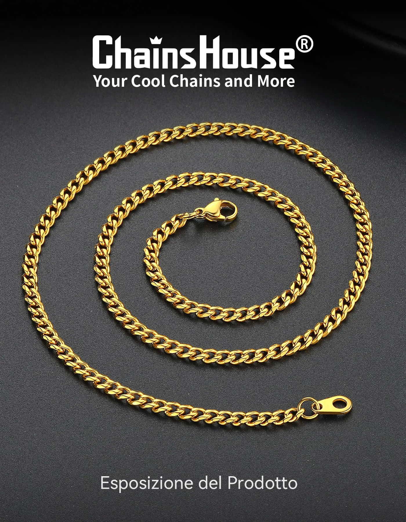 ChainsHouse Collana Catena Cubana in Acciaio Inox, 3mm, Oro - immagine 6