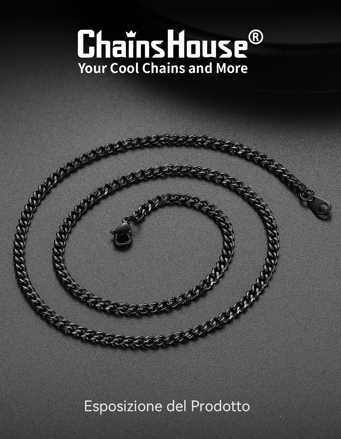ChainsHouse Collana a maglia cubana in acciaio inossidabile nera, 3 mm, 24 pollici - immagine 4