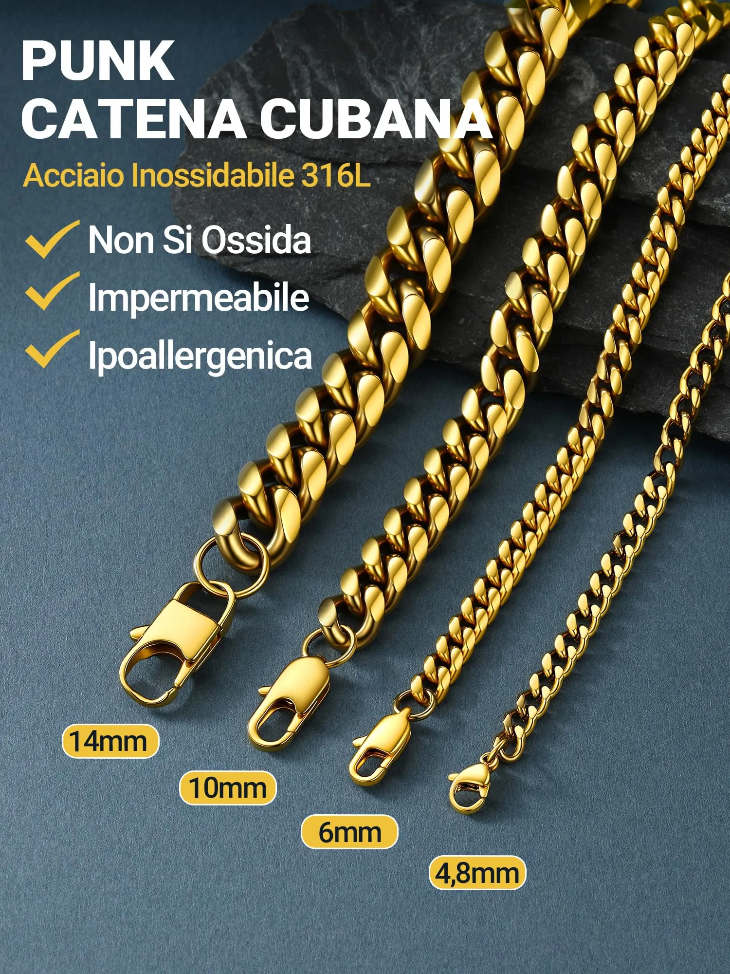 PROSTEEL Collana a Catena Cubana Uomo, Acciaio Inossidabile Placcato Oro 18K, 5 mm x 60 cm - immagine 7