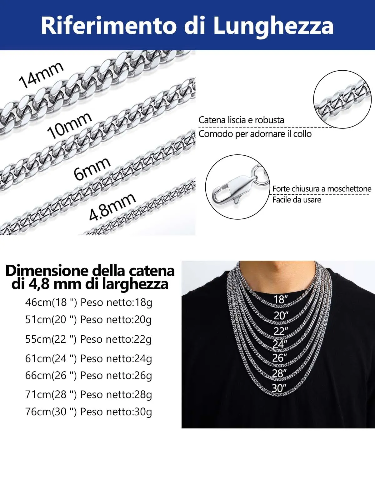 PROSTEEL Collana a Catena Barbazzale Cubana in Acciaio Inossidabile, 5 mm x 60 cm, Argento - immagine 9