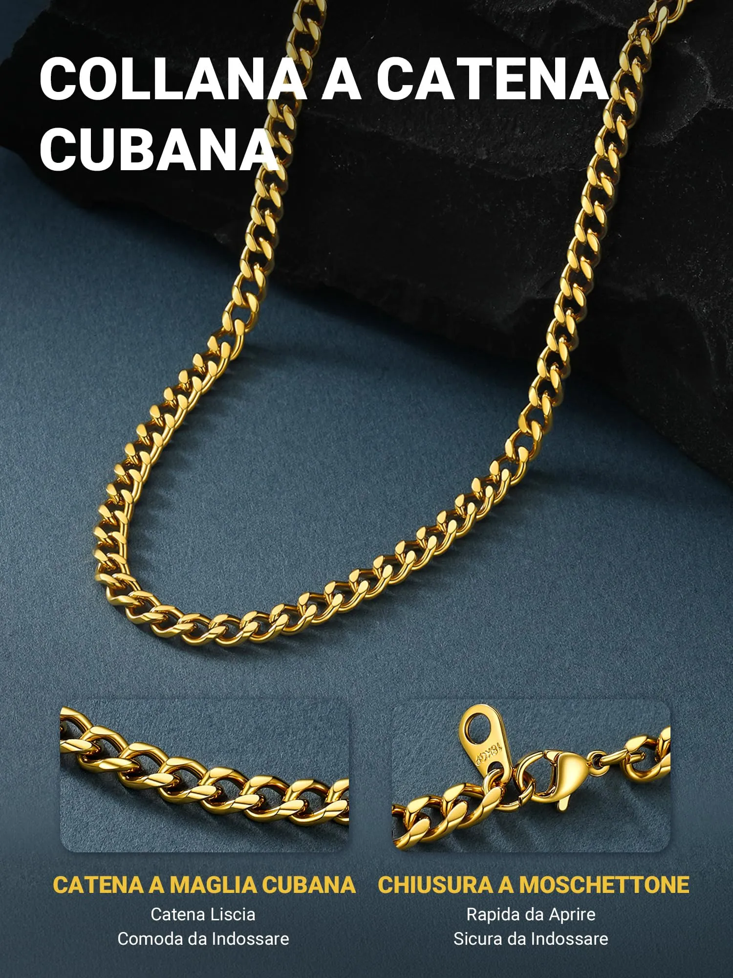 PROSTEEL Collana a Catena Barbazzale Cubana, Acciaio Inossidabile Placcato Oro 18K, 5 mm x 65 cm - immagine 5