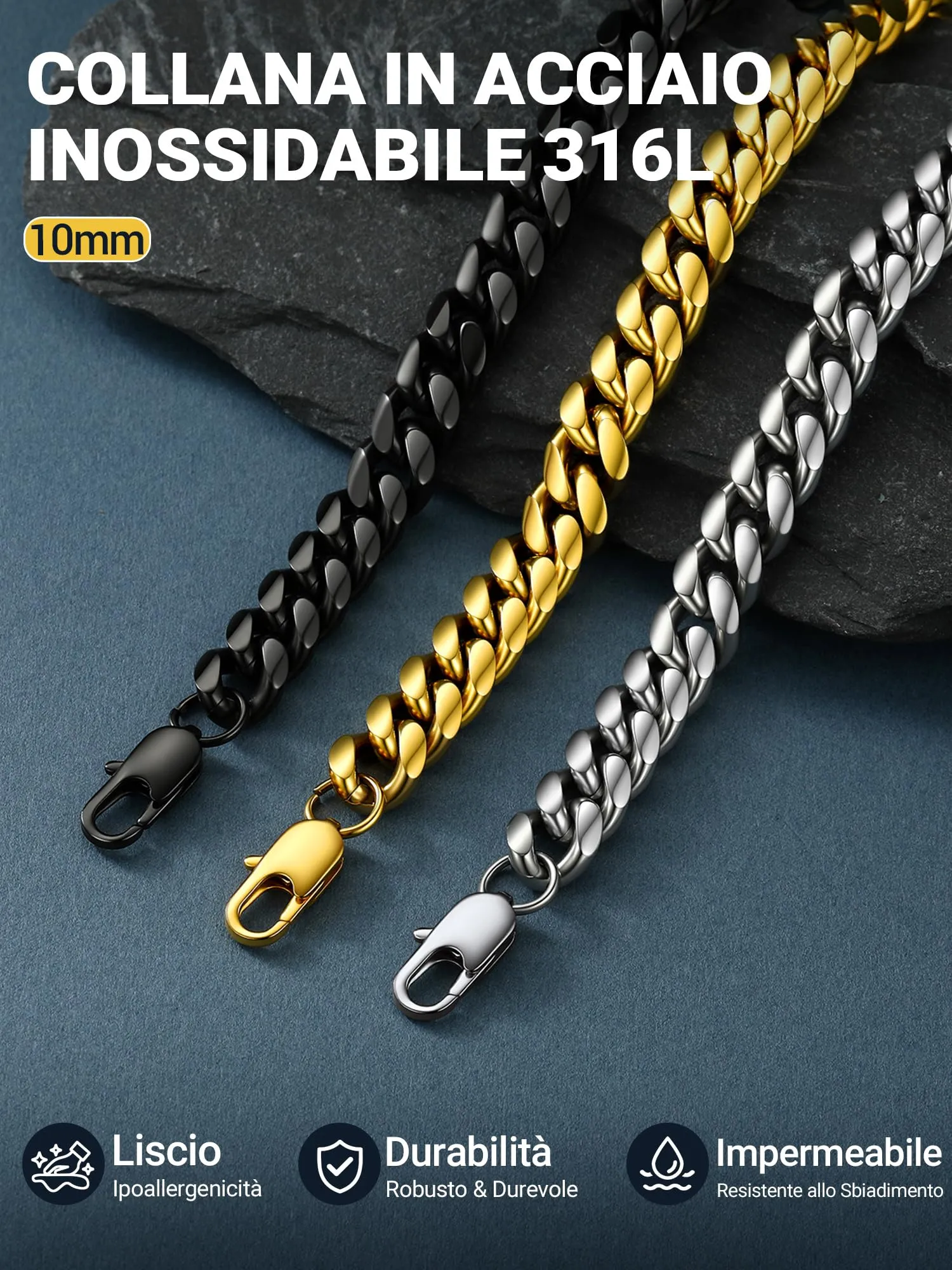 PROSTEEL Collana a Catena Cubana da Uomo in Acciaio Inossidabile 10 mm, 36 cm - immagine 7