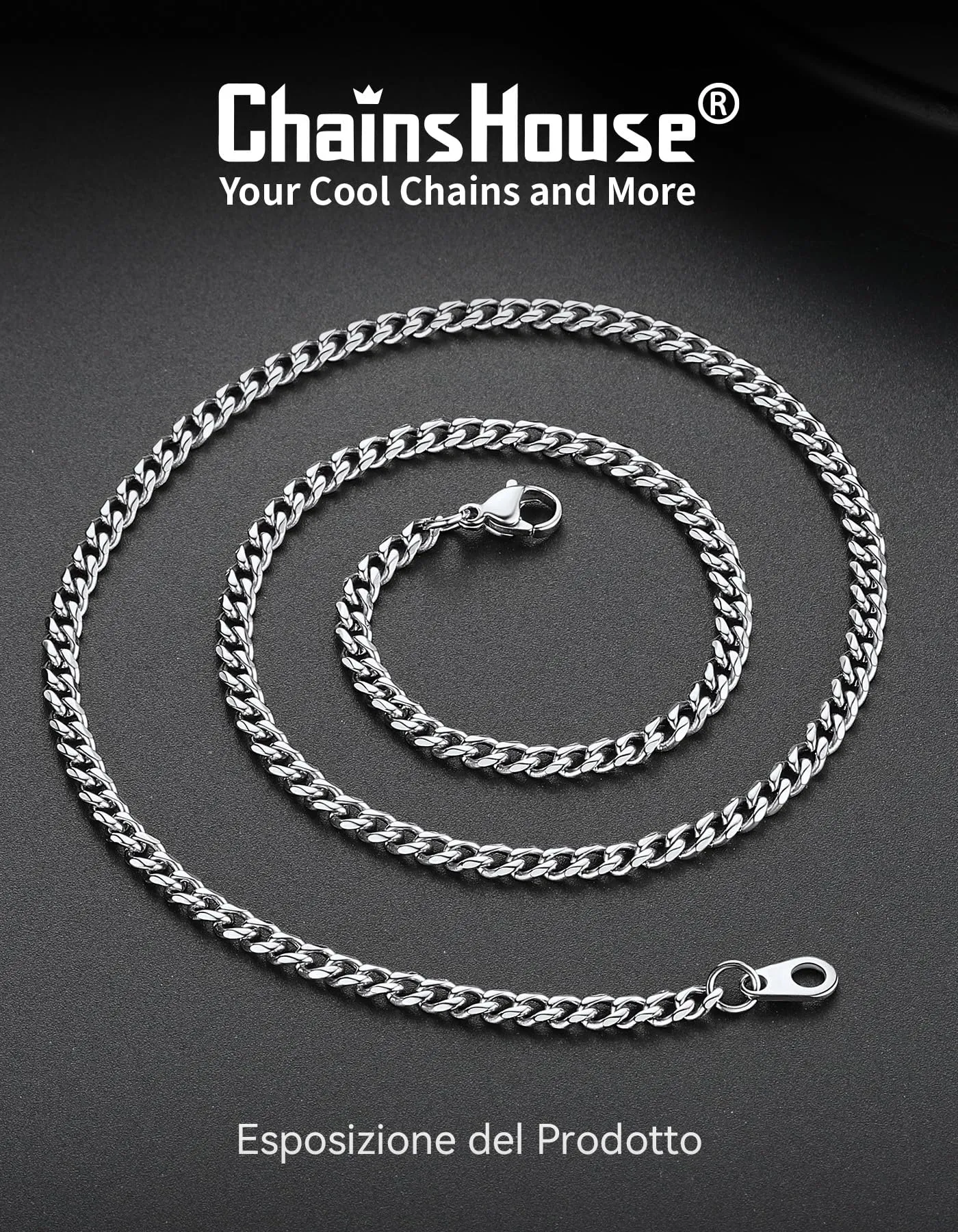 ChainsHouse Collana a catena a maglie cubane in acciaio inossidabile, 20 pollici, 3 mm - immagine 4