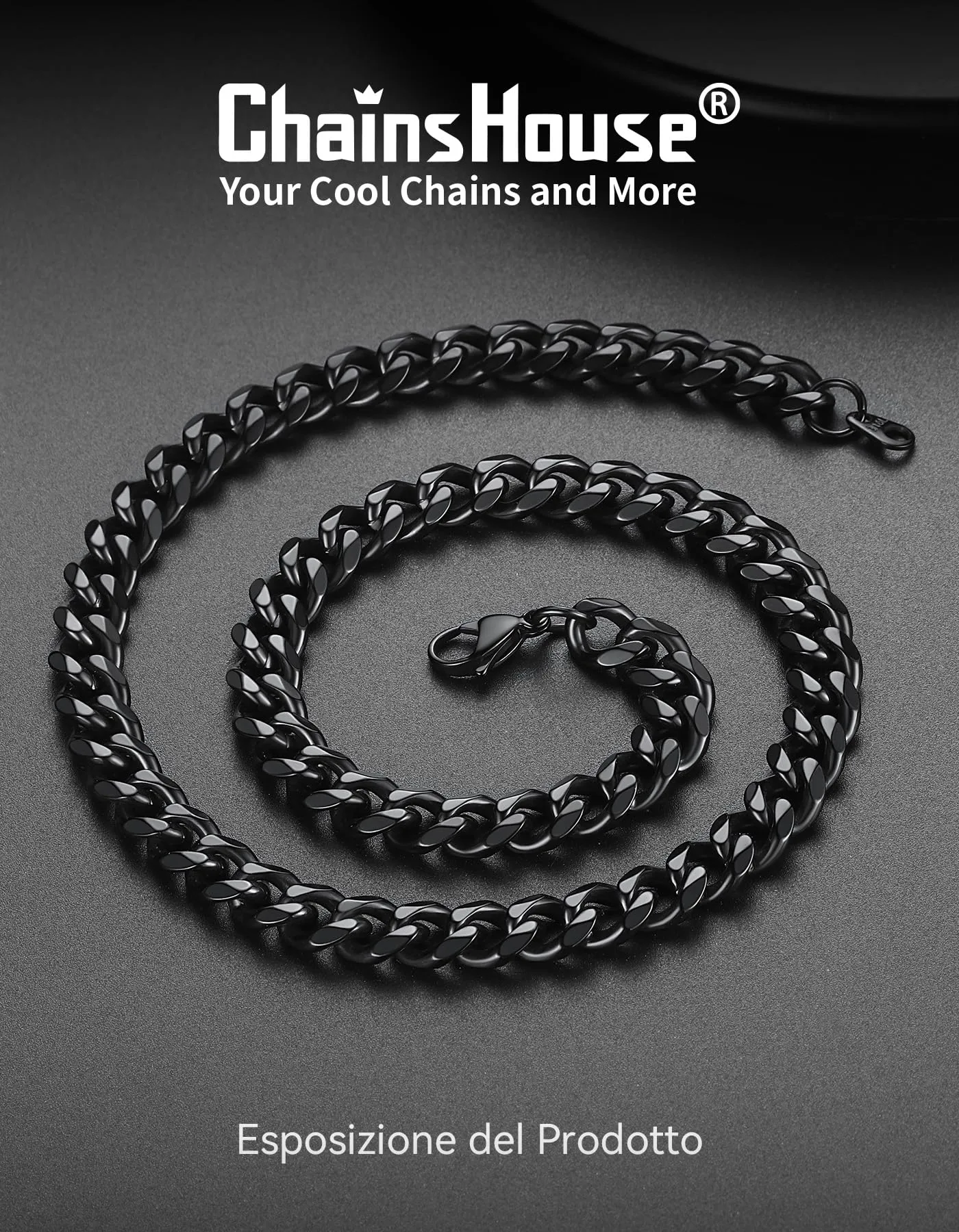 ChainsHouse Collana a maglie cubane in acciaio inossidabile nera 9mm 51cm (20") - immagine 4