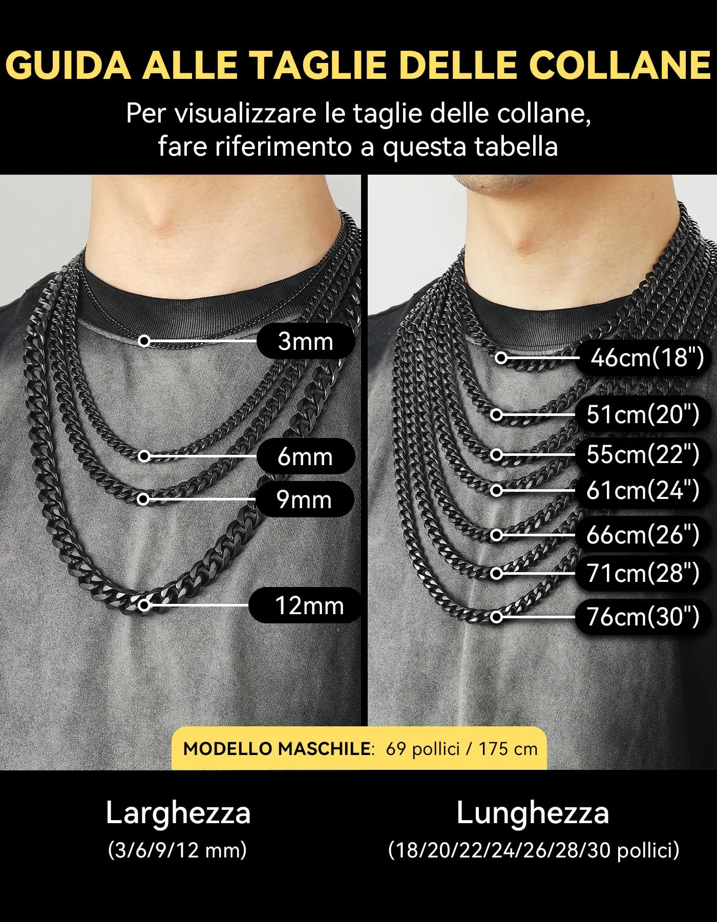 ChainsHouse Collana a maglia cubana Miami, 12mm, Nero, 24 pollici - immagine 6