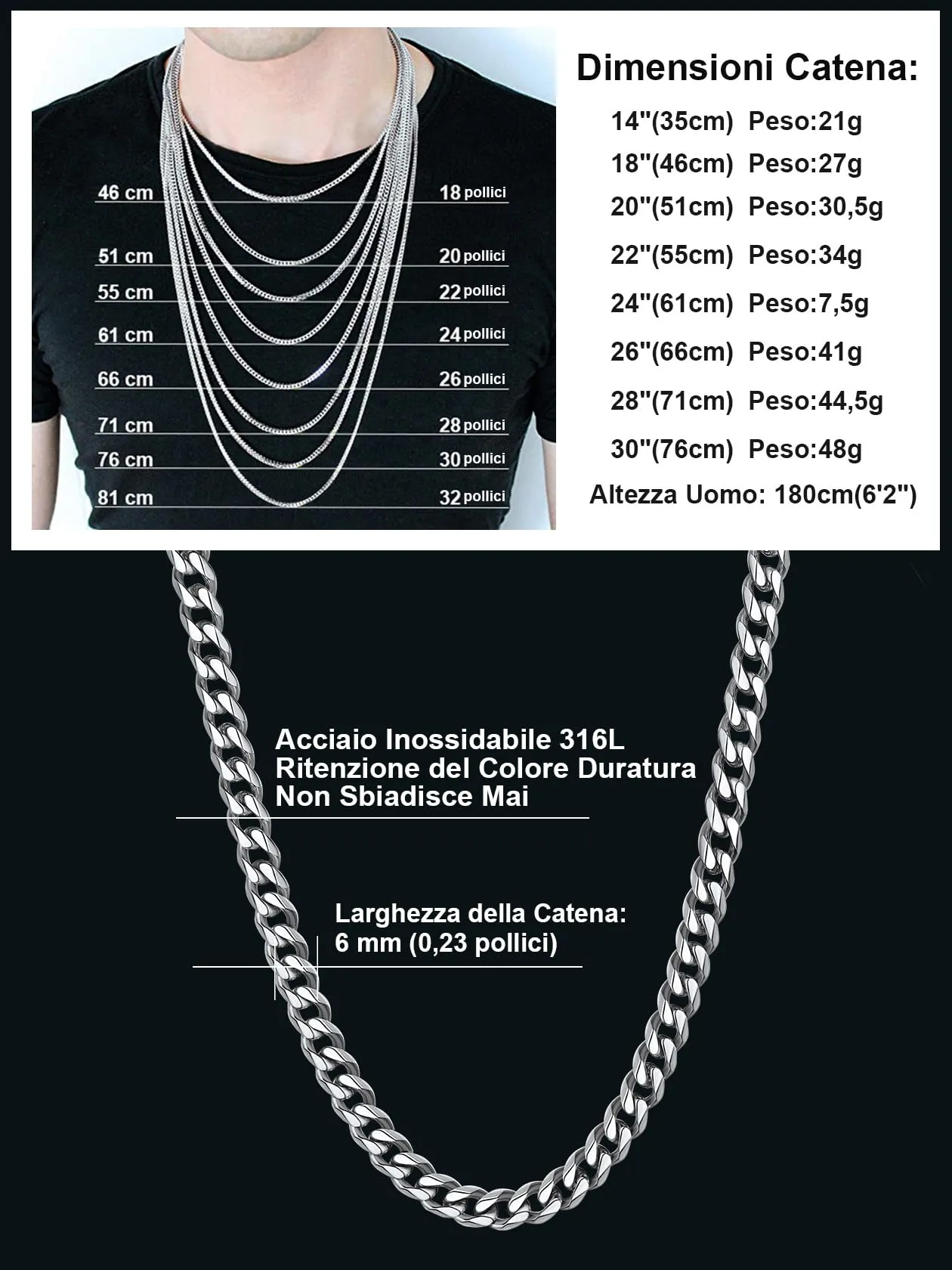 ChainsHouse Collana cubana in acciaio inossidabile 6mm, 24 pollici - immagine 7