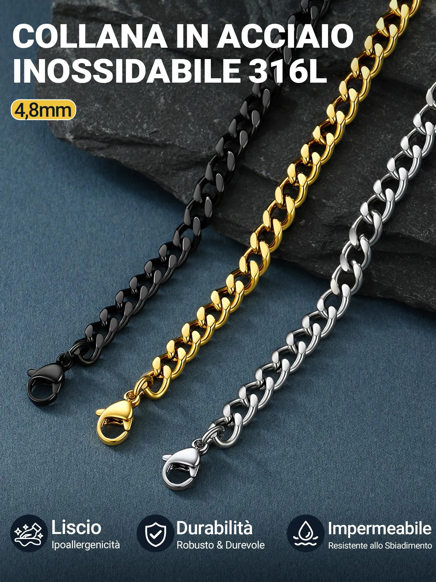 PROSTEEL Collana Uomo a Catena Barbazzale Cubana, Acciaio Inossidabile, 5 mm x 50 cm, Nero - immagine 8