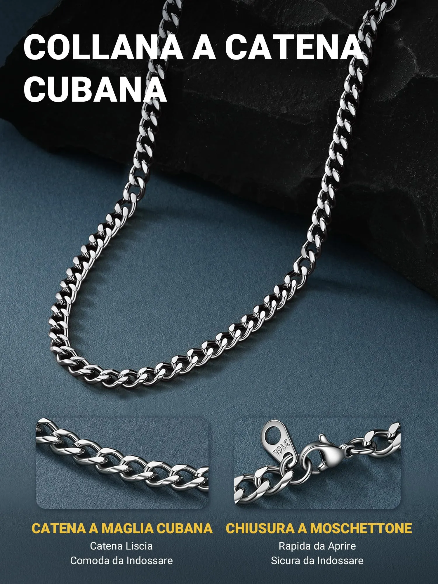 PROSTEEL Collana a Catena Cubana Uomo, Acciaio Inossidabile, Argento, 5 mm x 50 cm - immagine 6