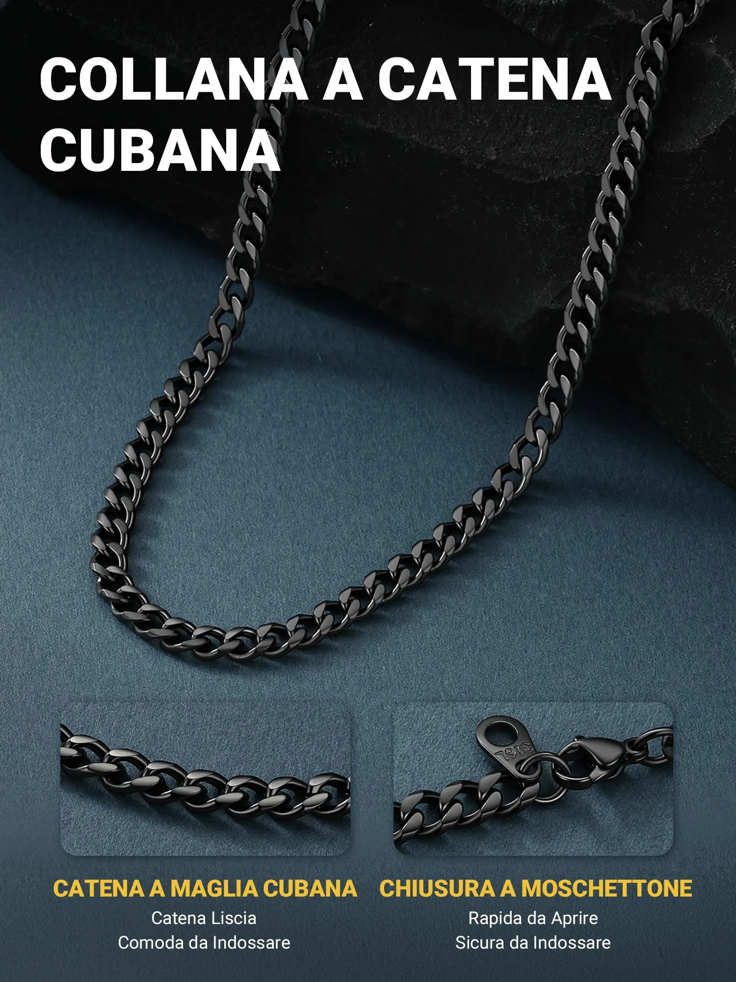 PROSTEEL Collana Girocollo a Catena Barbazzale Cubana, Acciaio Inossidabile, 5 mm, 36-41 cm, Nero - immagine 3