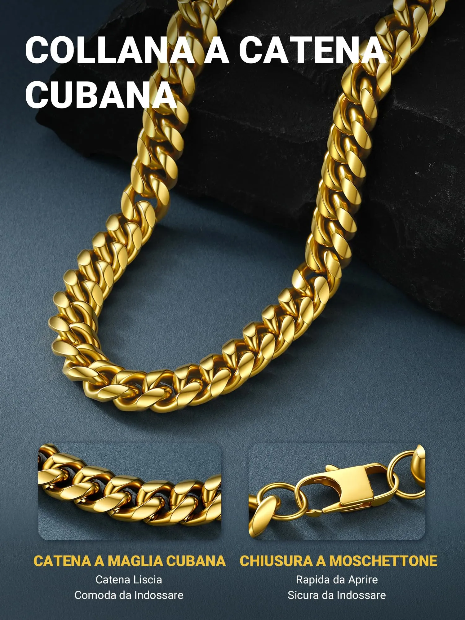 PROSTEEL Collana a Catena Cubana in Acciaio Inossidabile Placcato Oro, 14mm x 36cm - immagine 8