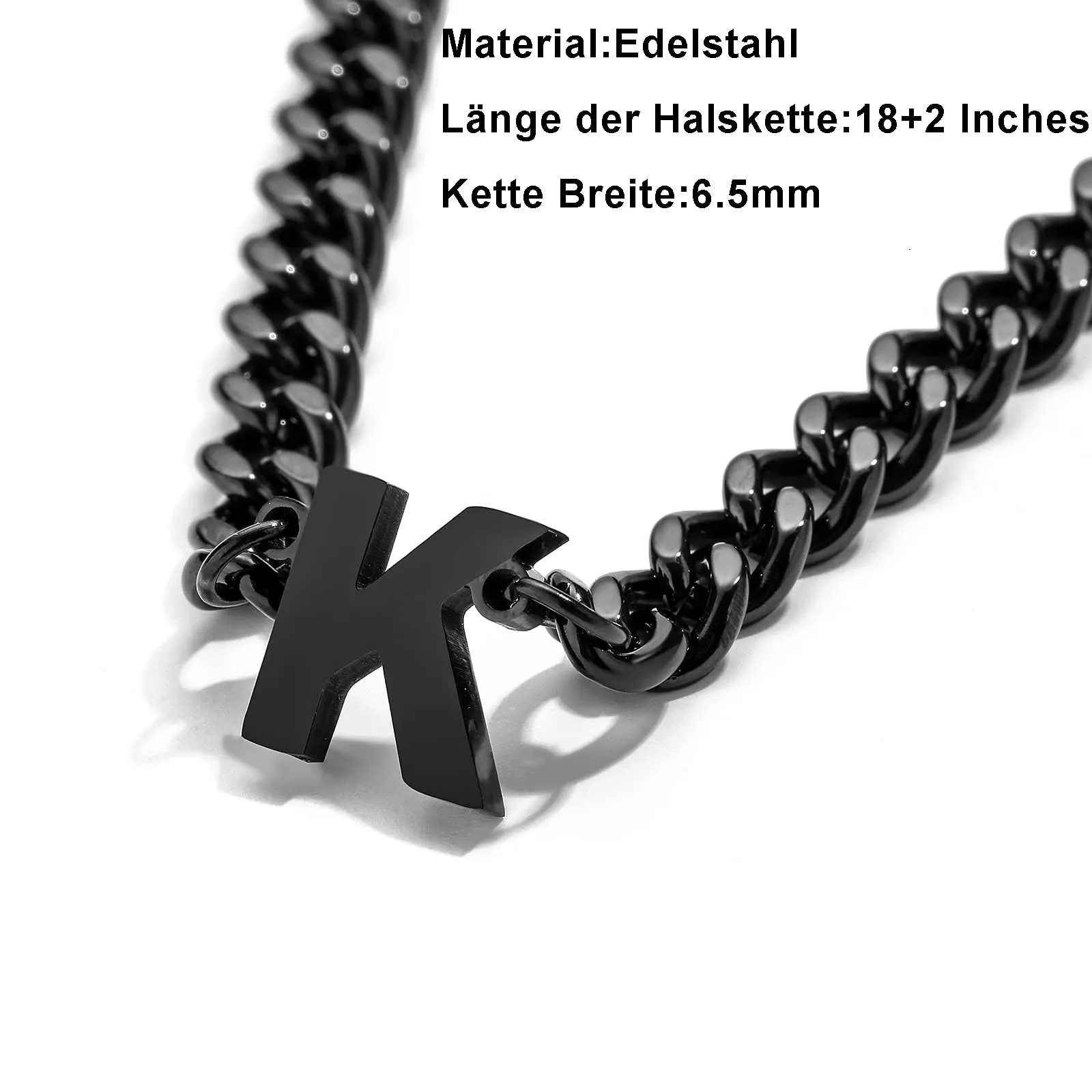 Esmoly Collana Uomo Cuban Chain con Lettere A-Z, 316L Acciaio Inossidabile, 6.5mm, 18+2 Pollici, Nero S - immagine 3