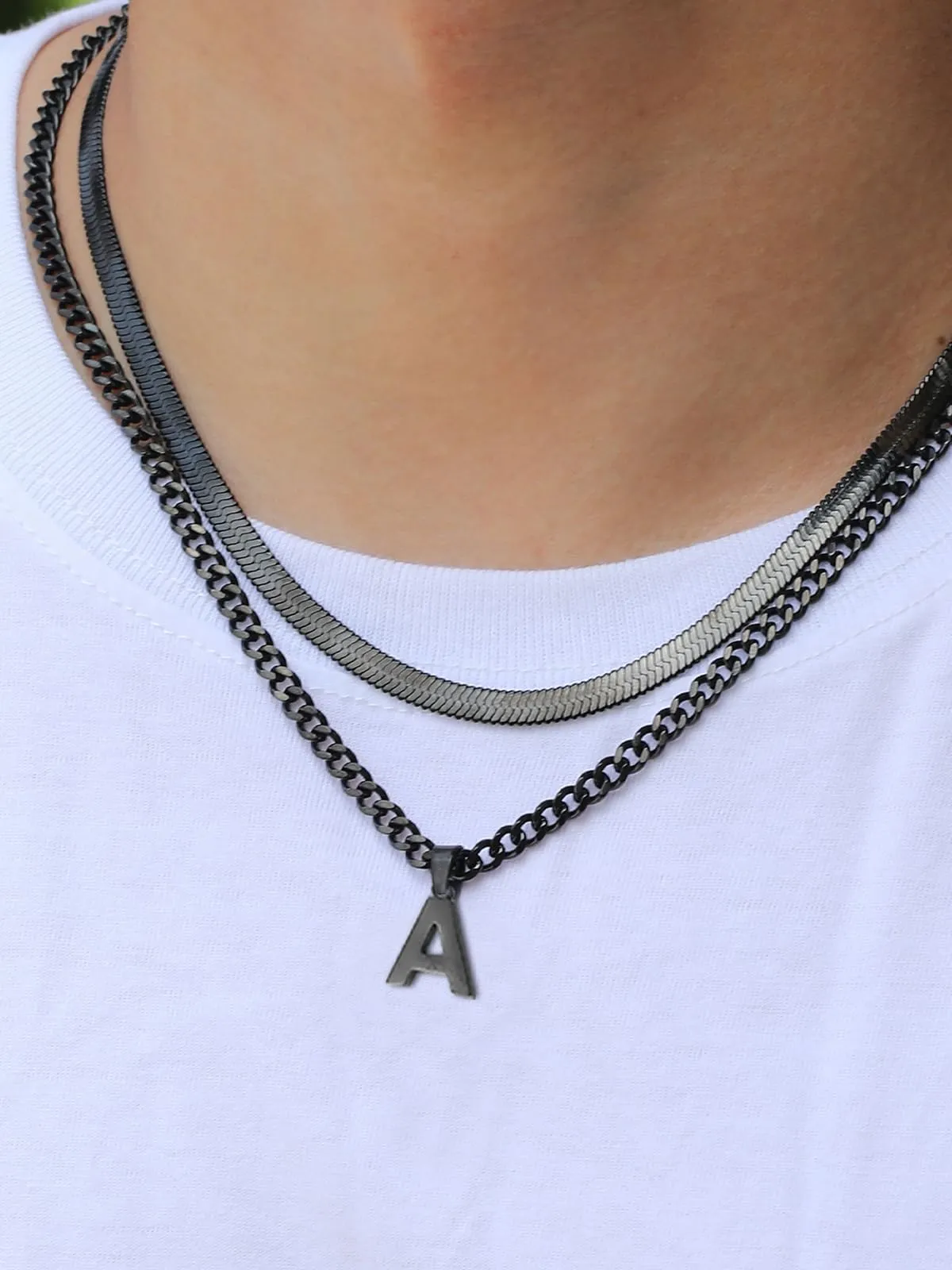 Esmoly Collana Uomo in Acciaio Inossidabile 316L Catena Serpente e Cubana con Lettera, 18+20 Pollici, Nero V - immagine 3